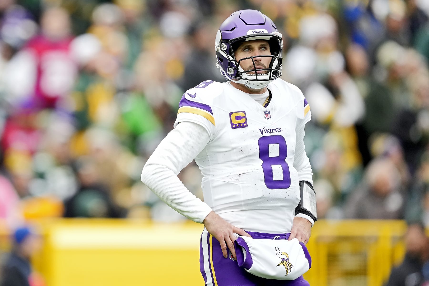 GREEN BAY, WISCONSIN - OCTOBER 29: Kirk Cousins #8 of the Minnesota Vikings looks on during the first half of a game against the Green Bay Packers at Lambeau Field on October 29, 2023 in Green Bay, Wisconsin. (Photo by Patrick McDermott/Getty Images) GREEN BAY, WISCONSIN - OCTOBER 29: Kirk Cousins #8 of the Minnesota Vikings looks on during the first half of a game against the Green Bay Packers at Lambeau Field on October 29, 2023 in Green Bay, Wisconsin. (Photo by Patrick McDermott/Getty Images)