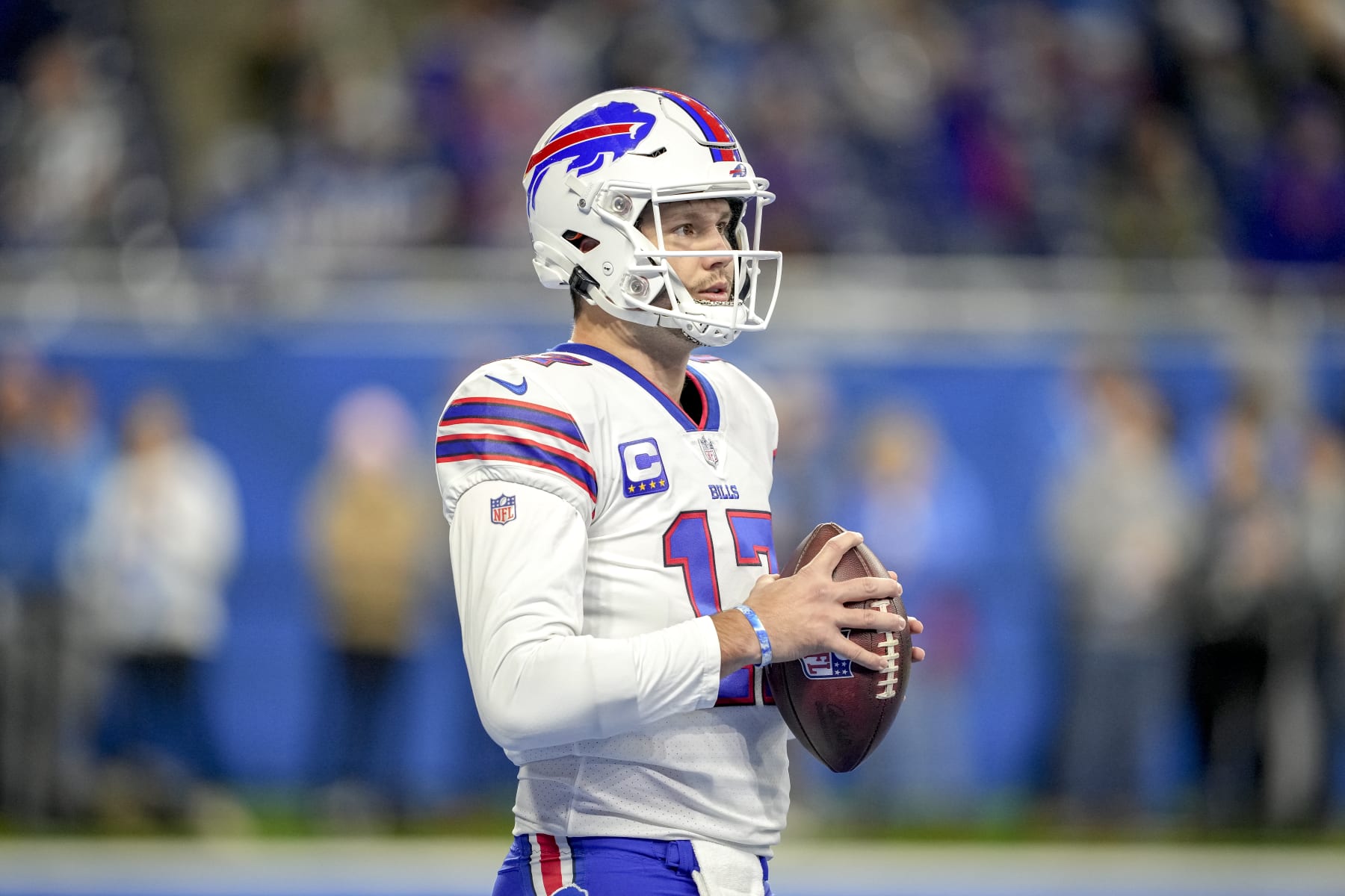 DETROIT, MICHIGAN - NOVEMBER 24: Josh Allen #17 of the Buffalo Bills looks on against the Detroit Lions at Ford Field on November 24, 2022 in Detroit, Michigan. (Photo by Nic Antaya/Getty Images)