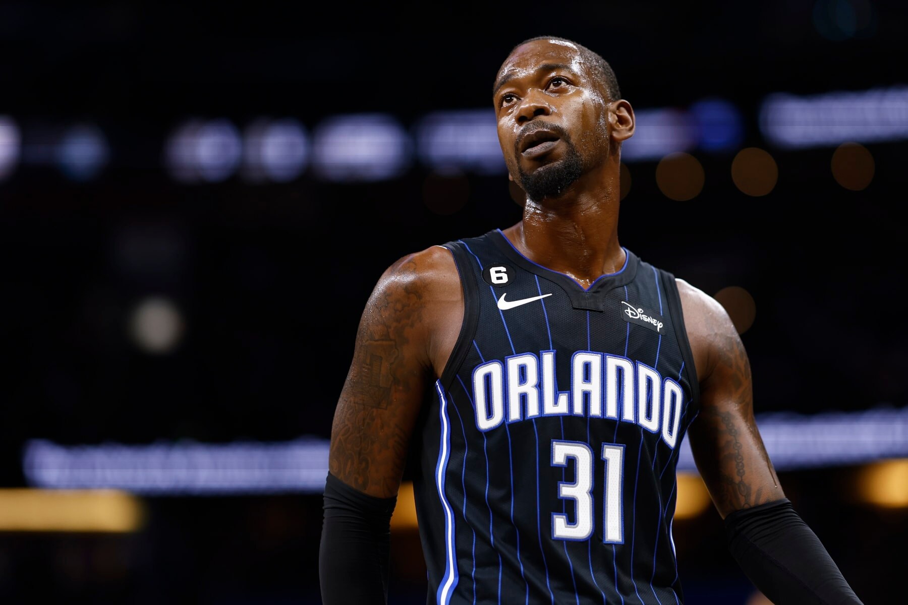 ORLANDO, FLORIDA - OCTOBER 28: Terrence Ross #31 of the Orlando Magic looks on against the Charlotte Hornets during the first quarter at Amway Center on October 28, 2022 in Orlando, Florida.  NOTE TO USER: User expressly acknowledges and agrees that, by downloading and or using this photograph, User is consenting to the terms and conditions of the Getty Images License Agreement. (Photo by Douglas P. DeFelice/Getty Images)