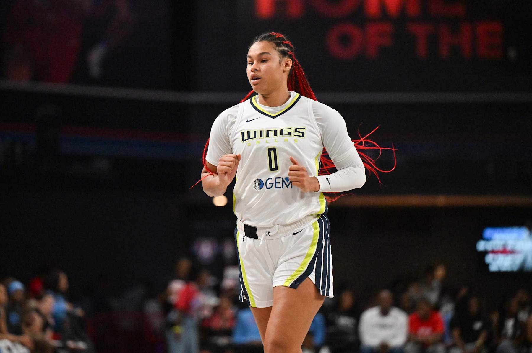 COLLEGE PARK, GEORGIA - SEPTEMBER 06: Satou Sabally #0 of the Dallas Wings looks on against the Atlanta Dream at Gateway Center Arena on September 06, 2024 in College Park, Georgia. NOTE TO USER: User expressly acknowledges and agrees that, by downloading and or using this photograph, User is consenting to the terms and conditions of the Getty Images License Agreement. (Photo by Paras Griffin/Getty Images)