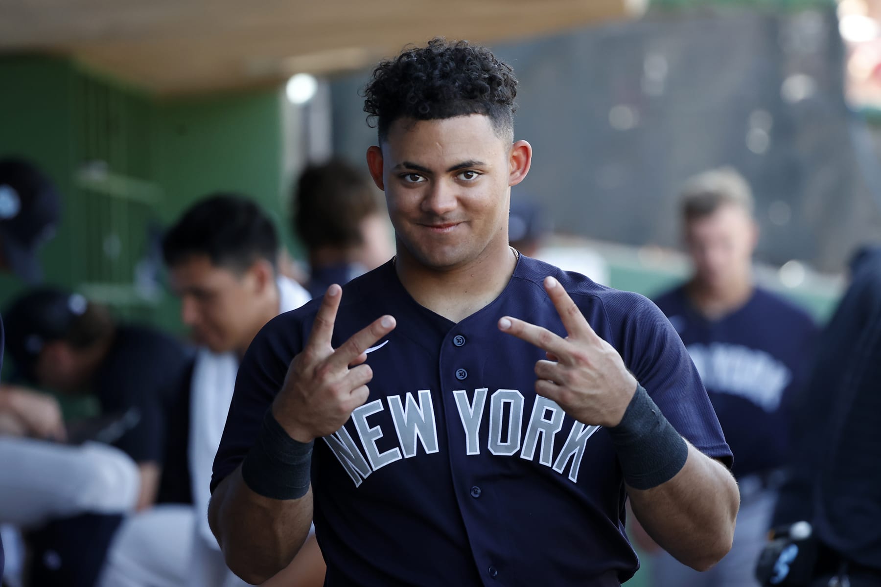 CLEARWATER, FL - FEBRUARY 25: Jasson Domínguez #89 of the New York Yankees smiles during a spring training game against the Philadelphia Phillies at BayCare Ballpark on February 25, 2023 in Clearwater, Florida. (Photo by New York Yankees/Getty Images)