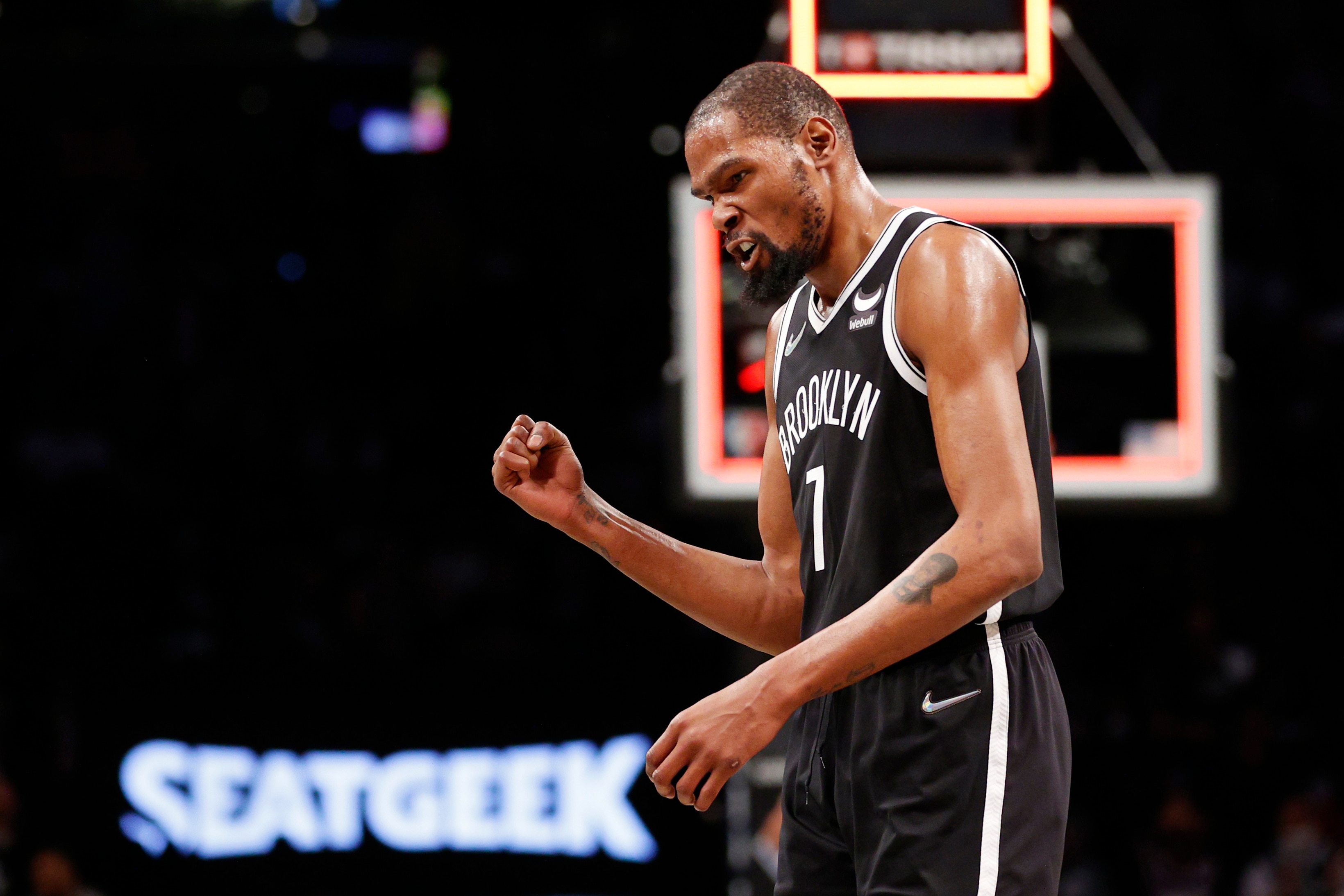 NEW YORK, NEW YORK - APRIL 12: Kevin Durant #7 of the Brooklyn Nets reacts during the first half of the Eastern Conference 2022 Play-In Tournament against the Cleveland Cavaliers at Barclays Center on April 12, 2022 in the Brooklyn borough of New York City. NOTE TO USER: User expressly acknowledges and agrees that, by downloading and or using this photograph, User is consenting to the terms and conditions of the Getty Images License Agreement. (Photo by Sarah Stier/Getty Images)
