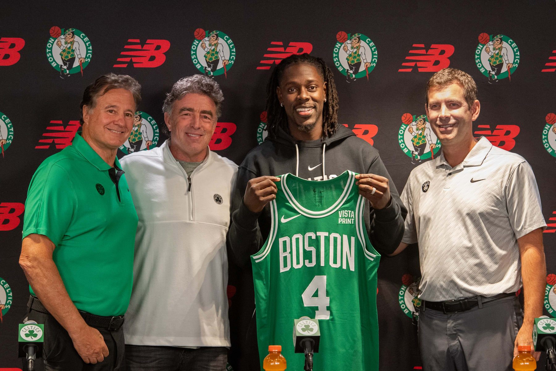 BOSTON, MA - OCTOBER 04: The Boston Celtics introduce Jrue Holiday during a press conference on October 4, 2023 at the TD Garden in Boston, Massachusetts. NOTE TO USER: User expressly acknowledges and agrees that, by downloading and or using this photograph, User is consenting to the terms and conditions of the Getty Images License Agreement. Mandatory Copyright Notice: Copyright 2023 NBAE (Photo by Brian Babineau/NBAE via Getty Images)