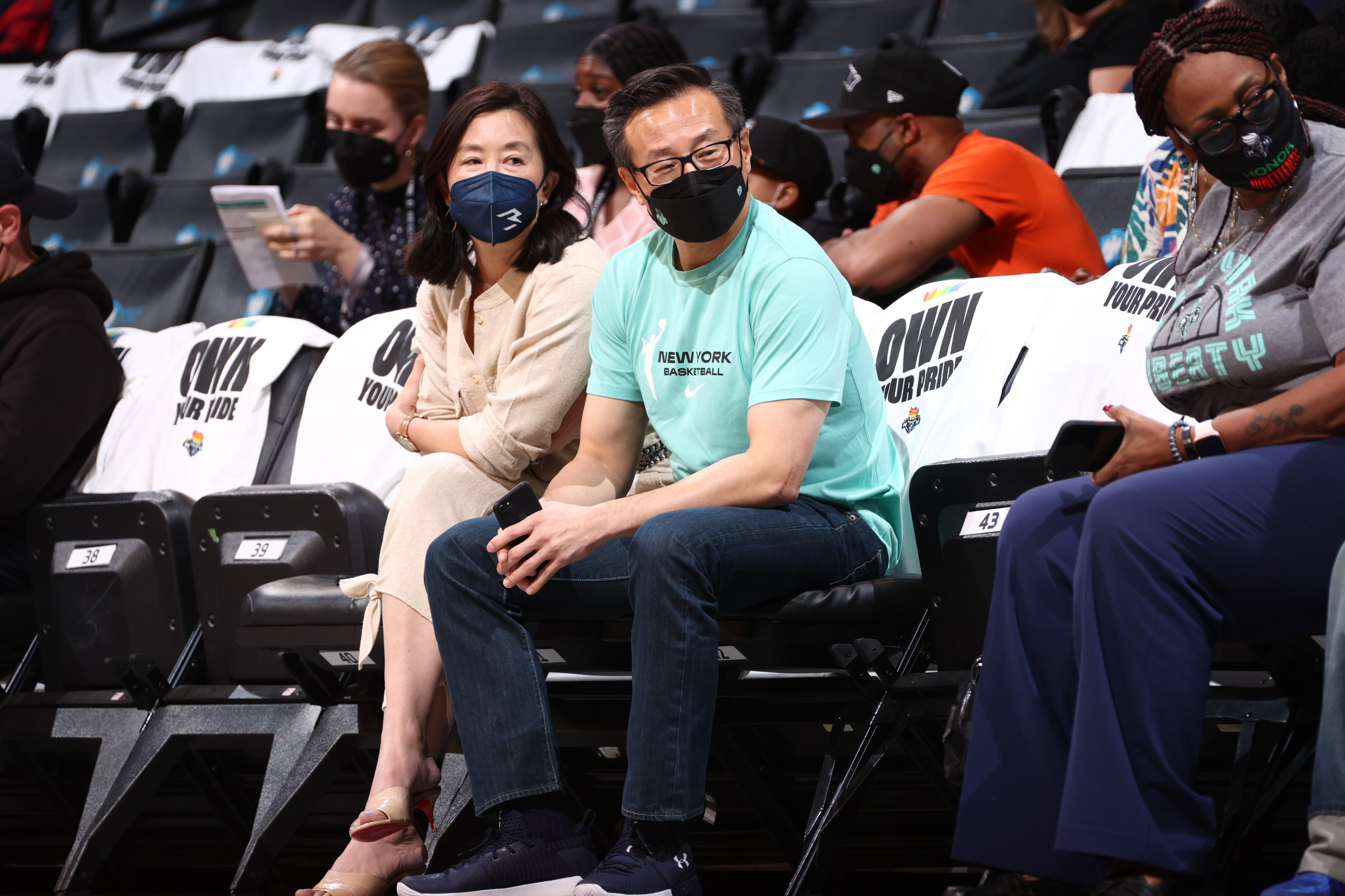 NEW YORK, NY - JUNE 24: Owner, Joe Tsai of the Brooklyn Nets and the New York Liberty attends a game between the Chicago Sky and the New York Liberty on June 24, 2021 at Barclays Center in New York, NY. NOTE TO USER: User expressly acknowledges and agrees that, by downloading and or using this Photograph, user is consenting to the terms and conditions of the Getty Images License Agreement. Mandatory Copyright Notice: Copyright 2021 NBAE (Photo by Ned Dishman/NBAE via Getty Images)