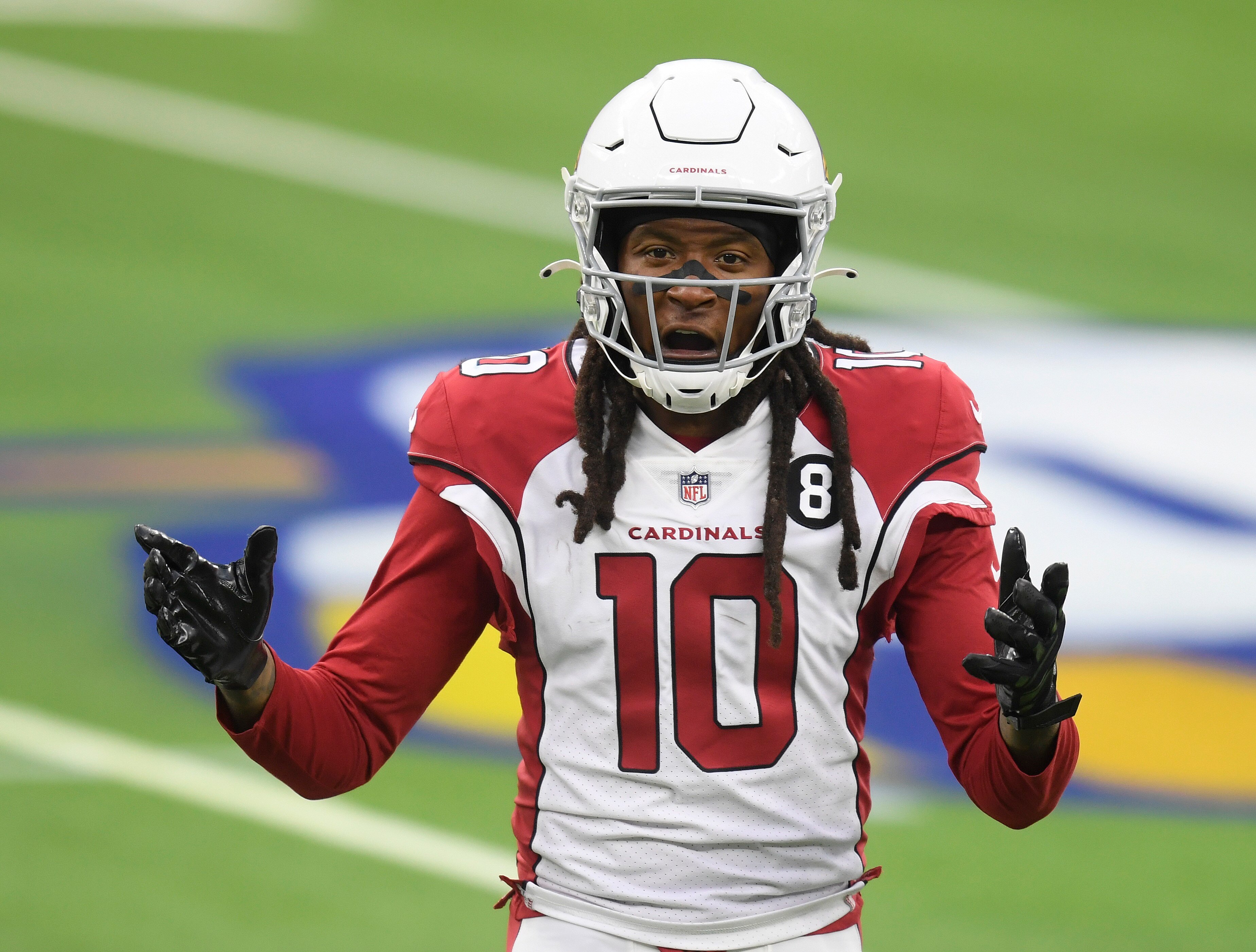 INGLEWOOD, CALIFORNIA - JANUARY 03: DeAndre Hopkins #10 of the Arizona Cardinals reacts to his pass interference penalty during an 18-7 Los Angeles Rams win at SoFi Stadium on January 03, 2021 in Inglewood, California. (Photo by Harry How/Getty Images)
