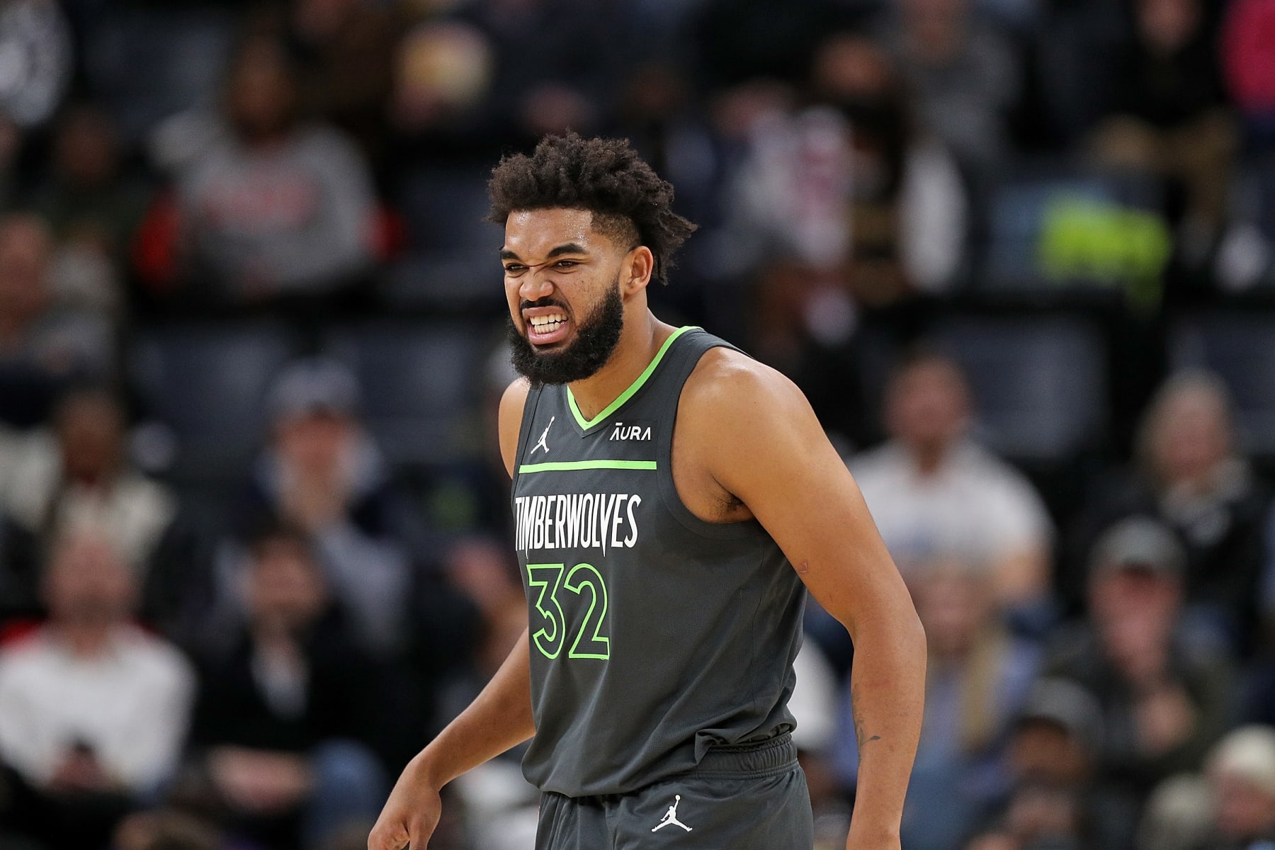 MEMPHIS, TENNESSEE - NOVEMBER 26: Karl-Anthony Towns #32 of the Minnesota Timberwolves looks on during the game against the Memphis Grizzlies at FedExForum on November 26, 2023 in Memphis, Tennessee. NOTE TO USER: User expressly acknowledges and agrees that, by downloading and or using this photograph, User is consenting to the terms and conditions of the Getty Images License Agreement.  (Photo by Justin Ford/Getty Images)