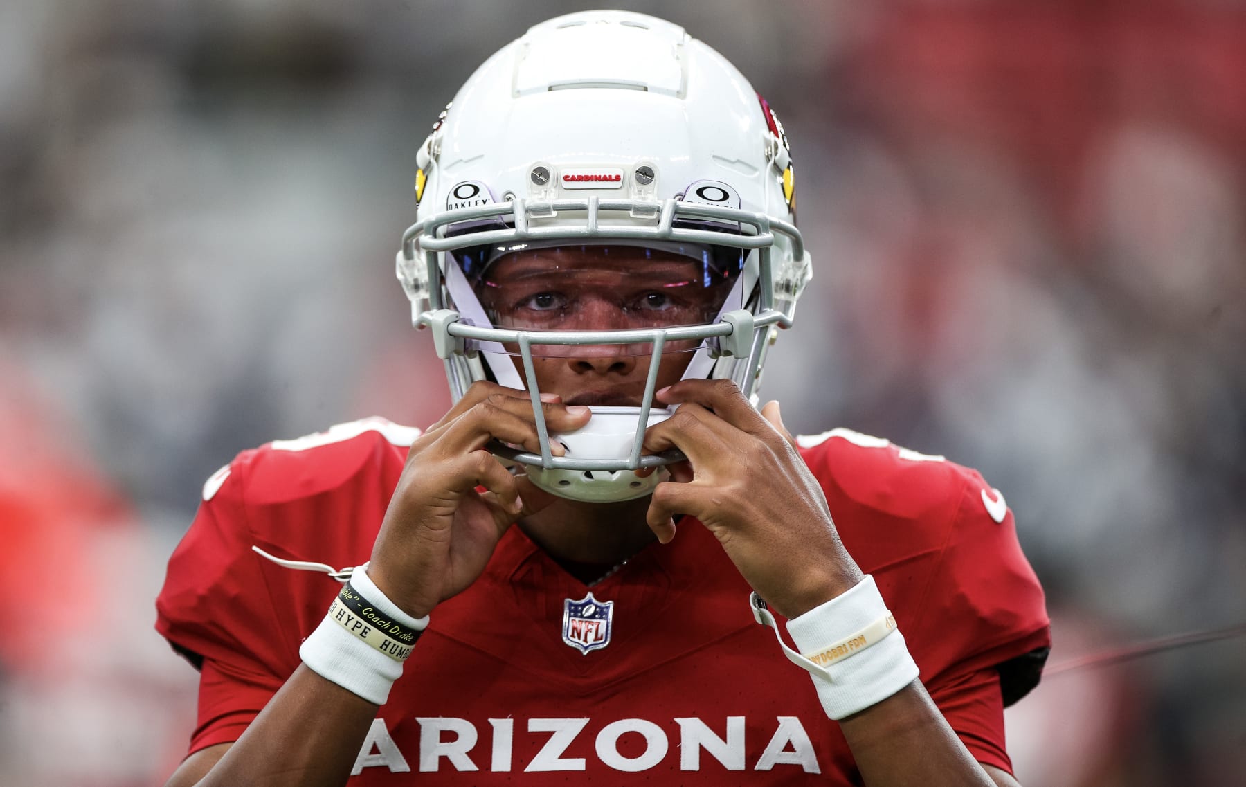 GLENDALE, ARIZONA - SEPTEMBER 24: Joshua Dobbs #9 of the Arizona Cardinals looks on prior to a game against the Dallas Cowboys at State Farm Stadium on September 24, 2023 in Glendale, Arizona. (Photo by Mike Christy/Getty Images)