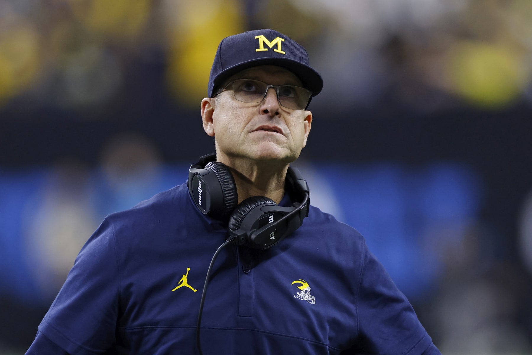 INDIANAPOLIS, IN - DECEMBER 2: Michigan Wolverines head coach Jim Harbaugh looks on during the Big Ten Championship Game against the Iowa Hawkeyes on December 2, 2023 at Lucas Oil Stadium in Indianapolis, Indiana. (Photo by Joe Robbins/Icon Sportswire via Getty Images)