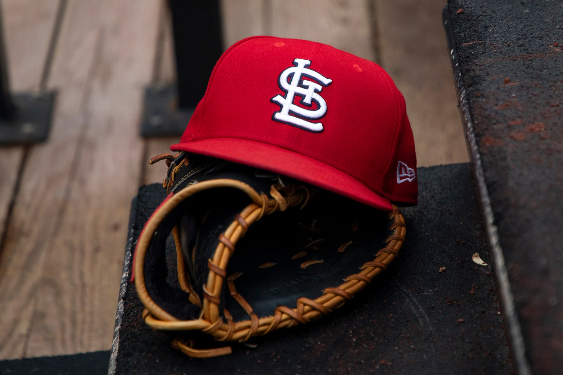 ST. LOUIS, MO - JULY 17: A detail view of the St. Louis Cardinals logo on a hat in the dugout prior to the start of the game against the Miami Marlins at Busch Stadium on July 17, 2023 in St. Louis, Missouri. (Photo by Brandon Sloter/Image Of Sport/Getty Images)