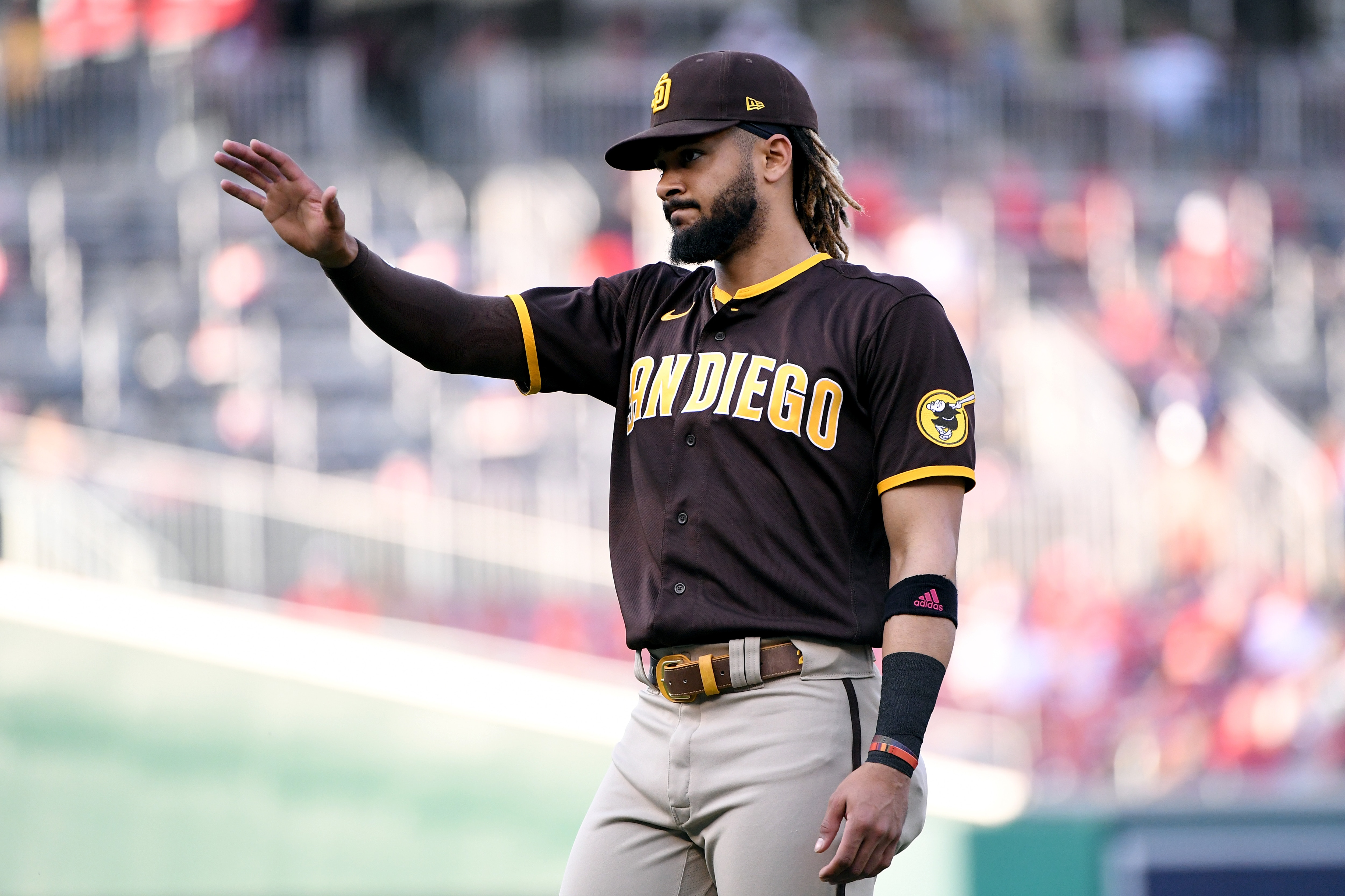 WASHINGTON, DC - JULY 16: Fernando Tatis Jr. #23 of the San Diego Padres warms up prior to the game against the Washington Nationals at Nationals Park on July 16, 2021 in Washington, DC. (Photo by Will Newton/Getty Images)