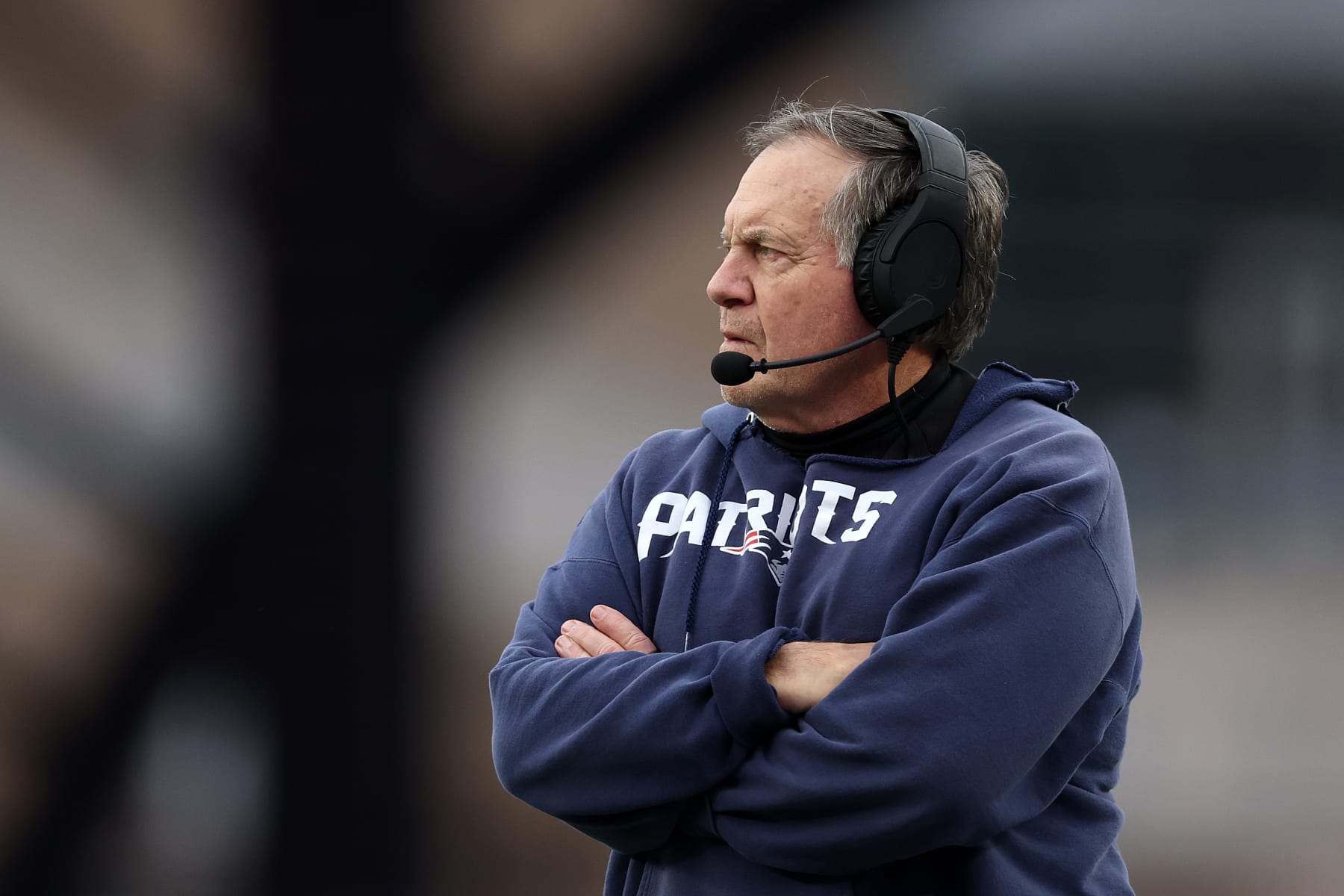 FOXBOROUGH, MASSACHUSETTS - DECEMBER 17: New England Patriots head coach Bill Belichick looks on from the sideline during the game against the Kansas City Chiefs at Gillette Stadium on December 17, 2023 in Foxborough, Massachusetts. (Photo by Maddie Meyer/Getty Images)