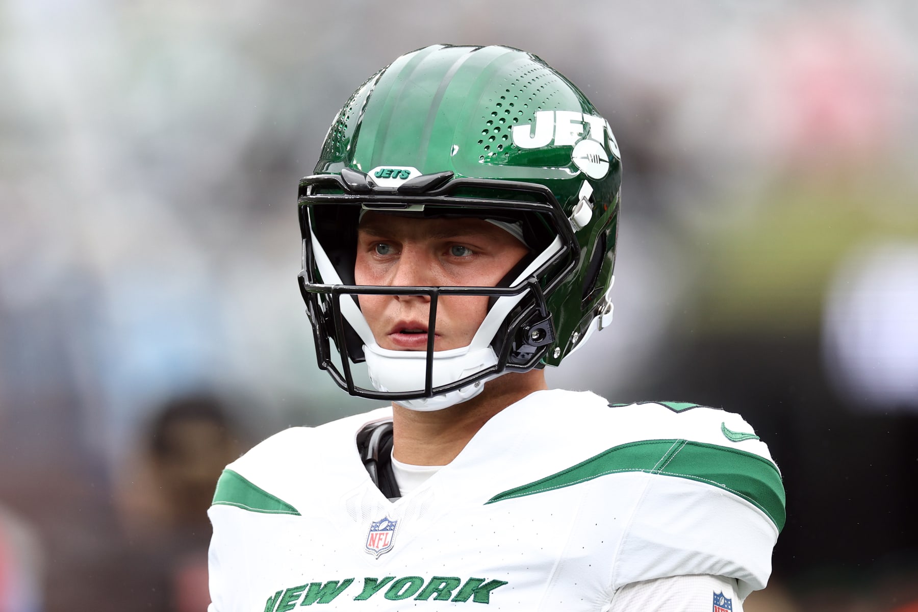 EAST RUTHERFORD, NEW JERSEY - SEPTEMBER 24: Zach Wilson #2 of the New York Jets looks on prior to a game against the New England Patriots at MetLife Stadium on September 24, 2023 in East Rutherford, New Jersey. (Photo by Elsa/Getty Images)