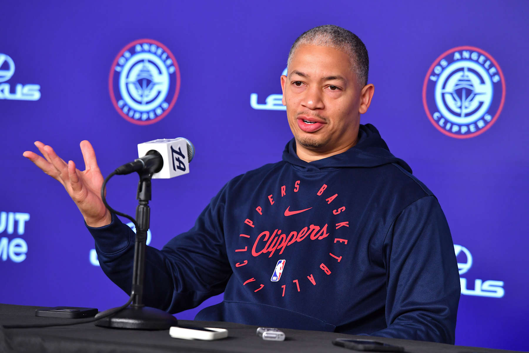 INGLEWOOD, CA - OCTOBER 17: Head Coach Tyronn Lue of the LA Clippers talks to the media during a press conference before the game against the Sacramento Kings on October 17, 2024 at Intuit Dome in Los Angeles, California. NOTE TO USER: User expressly acknowledges and agrees that, by downloading and/or using this Photograph, user is consenting to the terms and conditions of the Getty Images License Agreement. Mandatory Copyright Notice: Copyright 2024 NBAE (Photo by Juan Ocampo/NBAE via Getty Images)