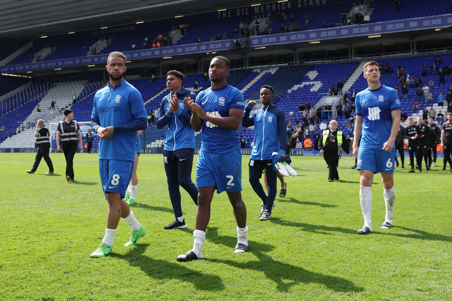 BIRMINGHAM, ENGLAND - MAY 04: A general view of the inside of the stadium as players of Birmingham City applaud the fans, after Birmingham City are relegated to League One despite defeating Norwich City, after the Sky Bet Championship match between Birmingham City and Norwich City at St Andrews (stadium) on May 04, 2024 in Birmingham, England. (Photo by Cameron Smith/Getty Images)