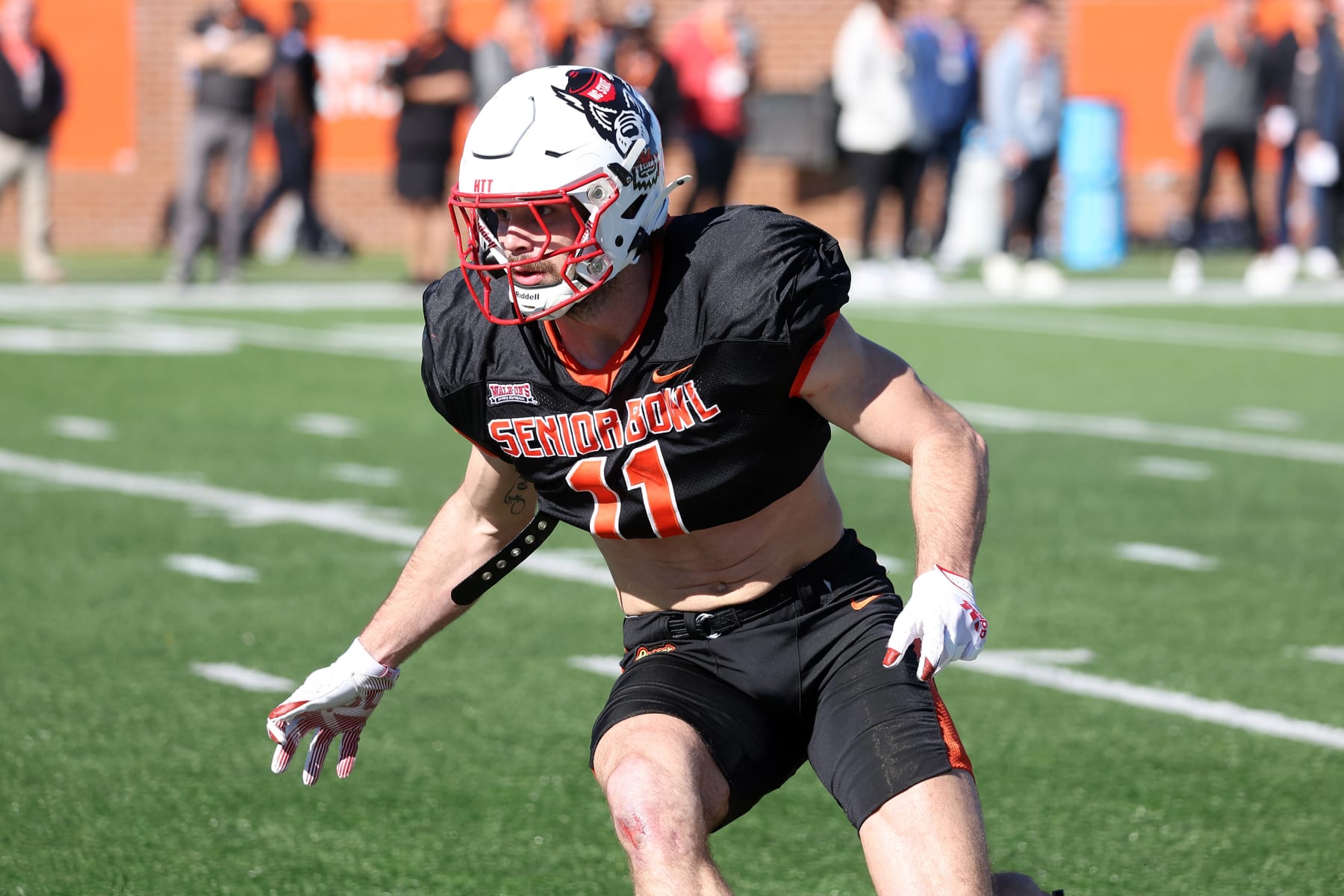 MOBILE, AL - JANUARY 31: National linebacker Payton Wilson of North Carolina State (11) during the National team practice for the Reese's Senior Bowl on January 31, 2024 at Hancock Whitney Stadium in Mobile, Alabama.  (Photo by Michael Wade/Icon Sportswire via Getty Images)