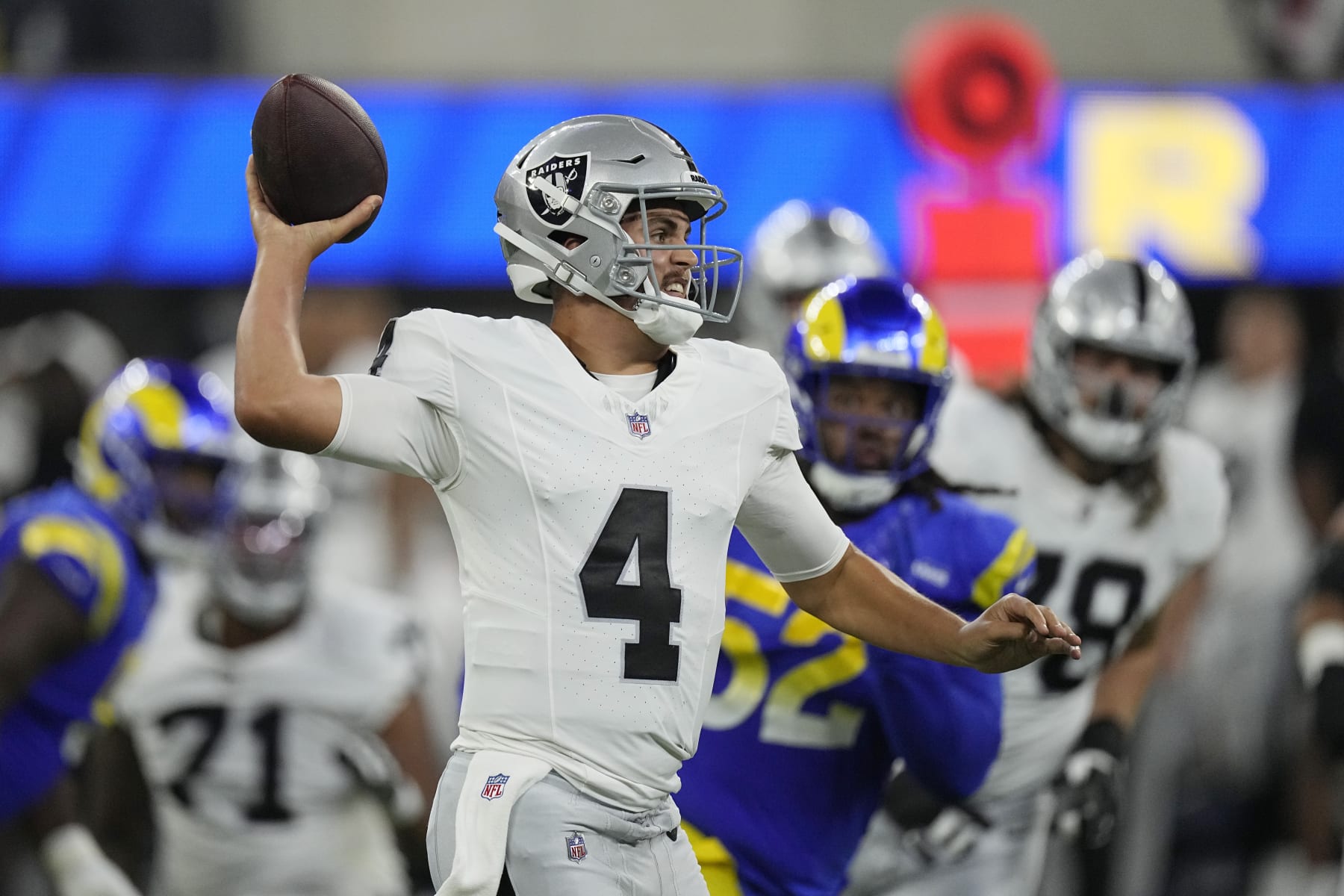 Las Vegas Raiders quarterback Aidan O'Connell throws against the Los Angeles Rams during the second half of a preseason NFL football game Saturday, Aug. 19, 2023, in Inglewood, Calif. (AP Photo/Mark J. Terrill)