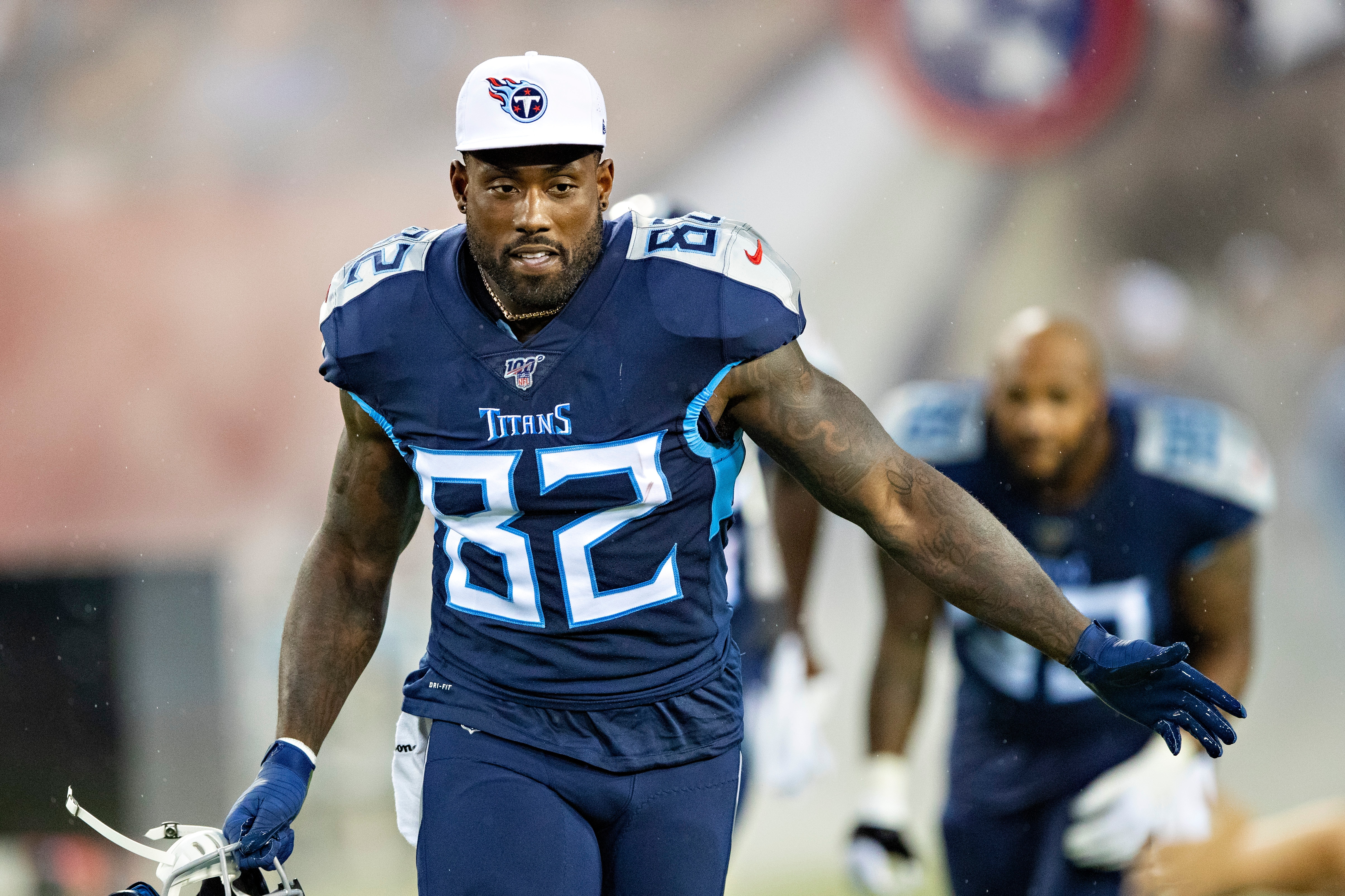 NASHVILLE, TN - AUGUST 25:  Delanie Walker #82 of the Tennessee Titans runs onto field before a game against the Pittsburgh Steelers during week three of preseason at Nissan Stadium on August 25, 2019 in Nashville, Tennessee.  The Steelers defeated the Titans 18-6.  (Photo by Wesley Hitt/Getty Images)
