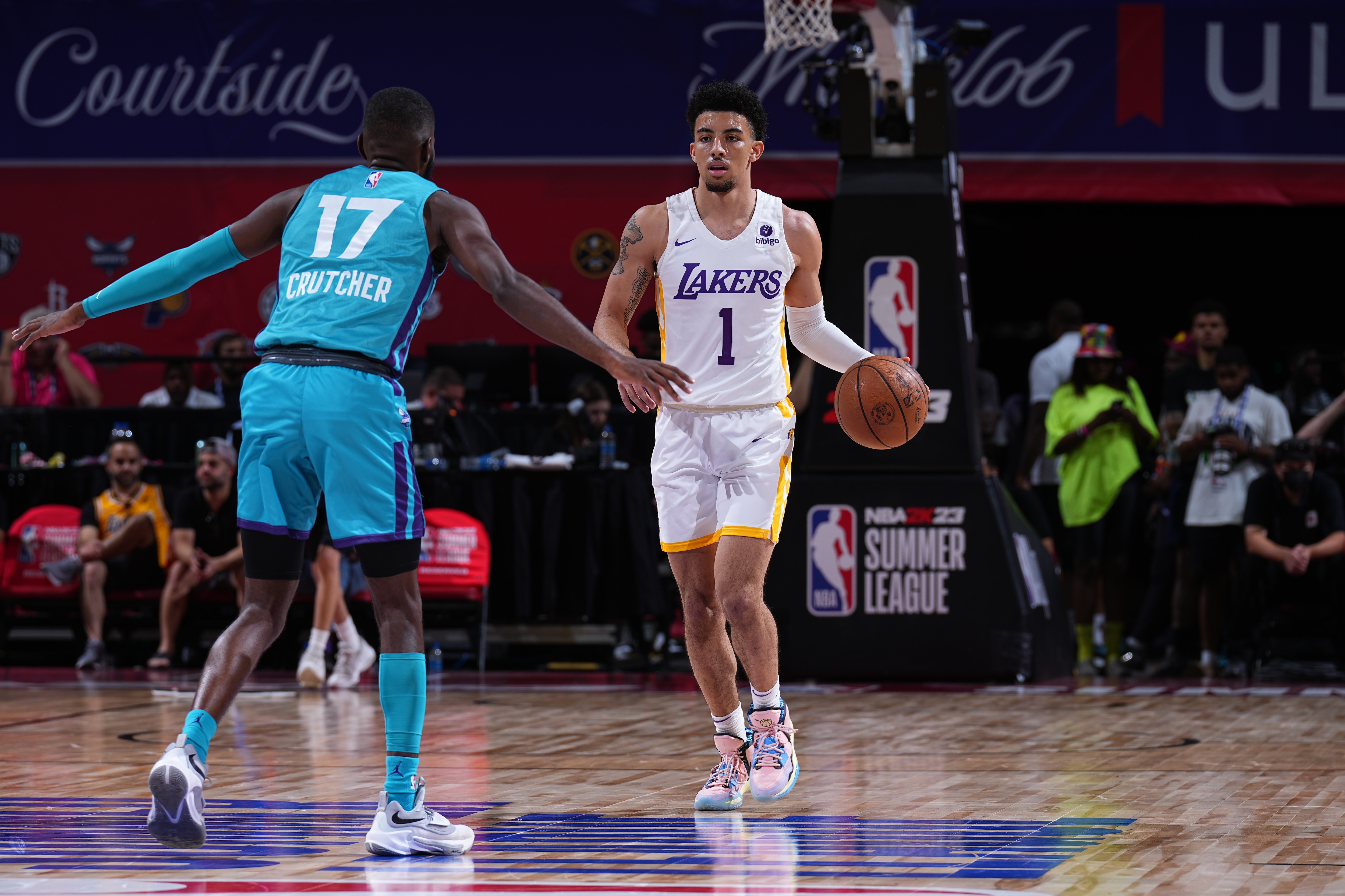 Las Vegas, NV - JULY 10: Scotty Pippen Jr. #1 of the Los Angeles Lakers handles the ball against the Charlotte Hornets on July 10, 2022 at the Thomas & Mack Center in Las Vegas, Nevada. NOTE TO USER: User expressly acknowledges and agrees that, by downloading and/or using this Photograph, user is consenting to the terms and conditions of the Getty Images License Agreement. Mandatory Copyright Notice: Copyright 2022 NBAE (Photo by Garrett Ellwood/NBAE via Getty Images)