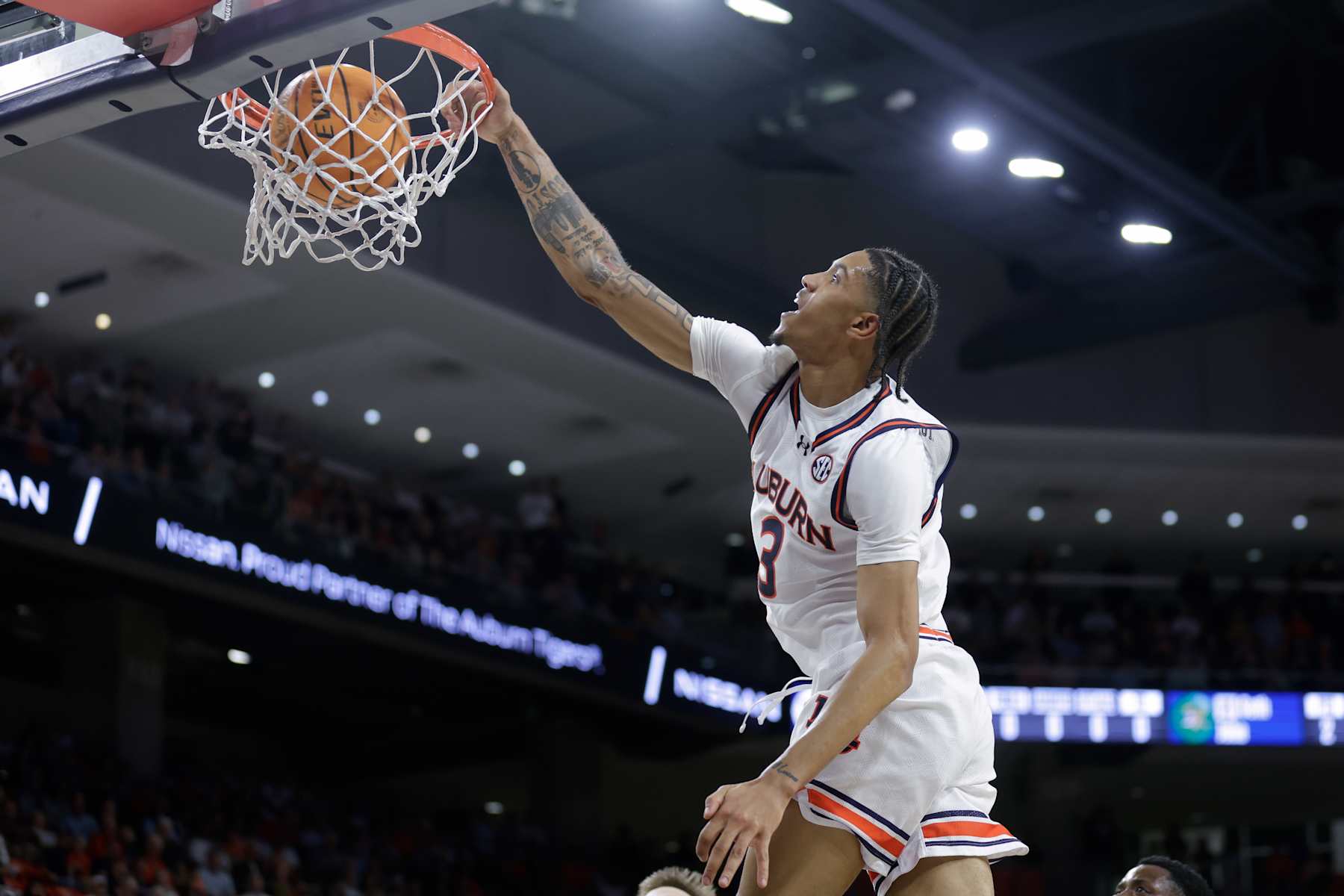 AUBURN, ALABAMA - NOVEMBER 6: Jahki Howard #3 of the Auburn Tigers slam dunks the ball during the second half against the Vermont Catamounts at Neville Arena on November 6, 2024 in Auburn, Alabama. (Photo by Stew Milne/Getty Images) AUBURN, ALABAMA - NOVEMBER 6: Jahki Howard #3 of the Auburn Tigers slam dunks the ball during the second half against the Vermont Catamounts at Neville Arena on November 6, 2024 in Auburn, Alabama. (Photo by Stew Milne/Getty Images)