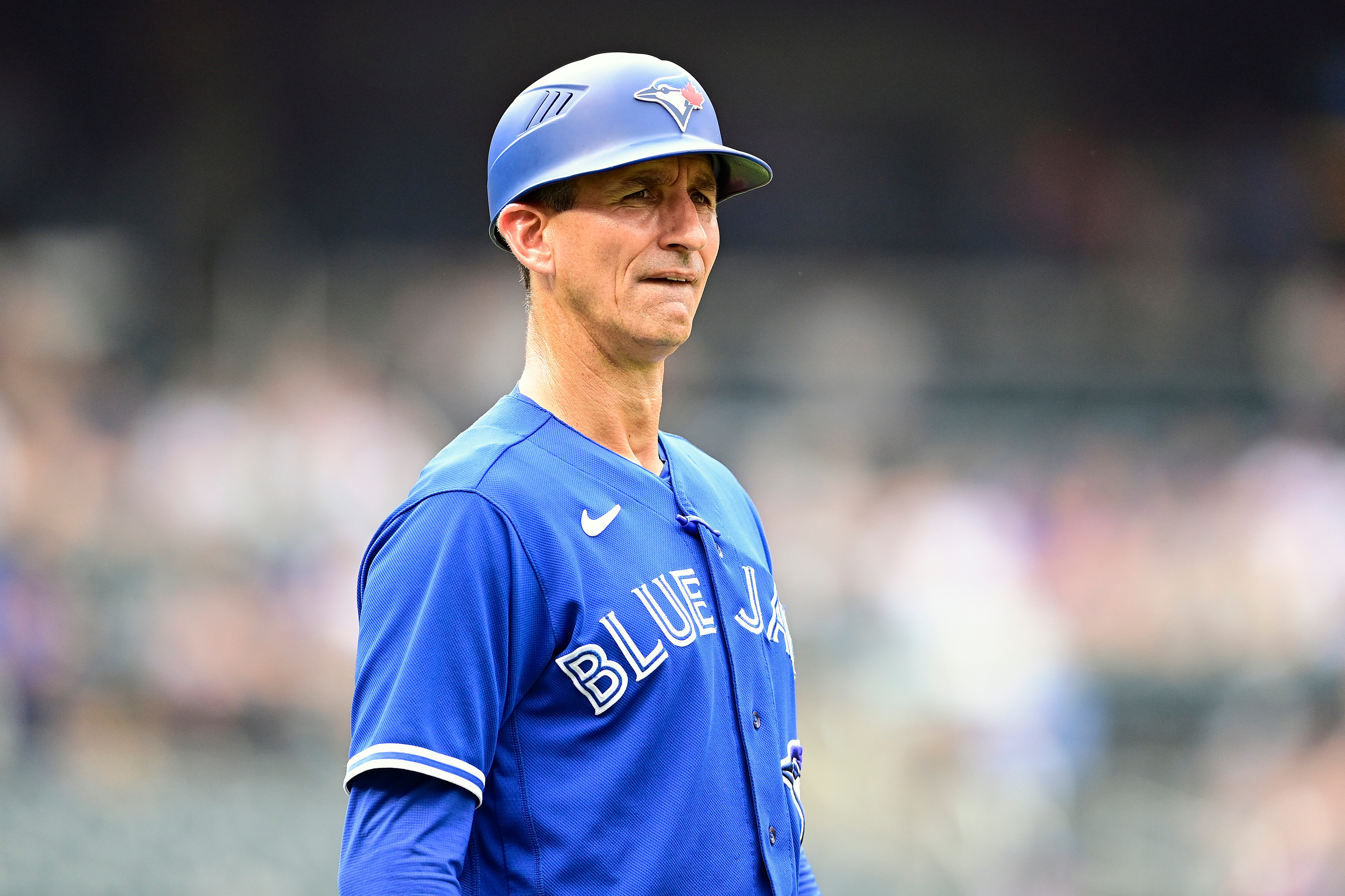 NEW YORK, NEW YORK - JULY 25:  First base coach Mark Budzinski #53 of the Toronto Blue Jays looks on against the New York Mets at Citi Field on July 25, 2021 in the Queens borough of New York City. (Photo by Steven Ryan/Getty Images)