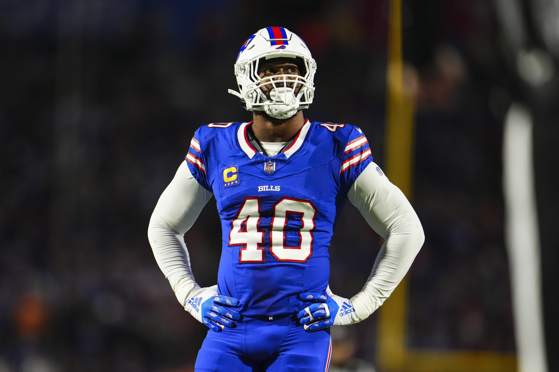 ORCHARD PARK, NY - OCTOBER 26: Von Miller #40 of the Buffalo Bills looks on from the field during an NFL football game against the Tampa Bay Buccaneers at Highmark Stadium on October 26, 2023 in Orchard Park, New York. (Photo by Cooper Neill/Getty Images)