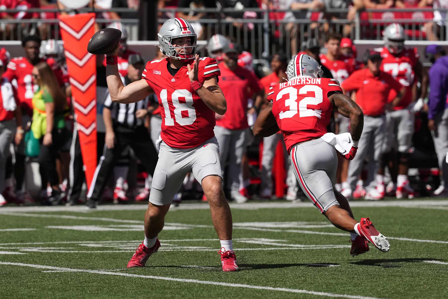COLUMBUS, OHIO - SEPTEMBER 21: Quarterback Will Howard #18 of the Ohio State Buckeyes looks to pass the ball during the first quarter against the Marshall Thundering Herd at Ohio Stadium on September 21, 2024 in Columbus, Ohio. (Photo by Jason Mowry/Getty Images)