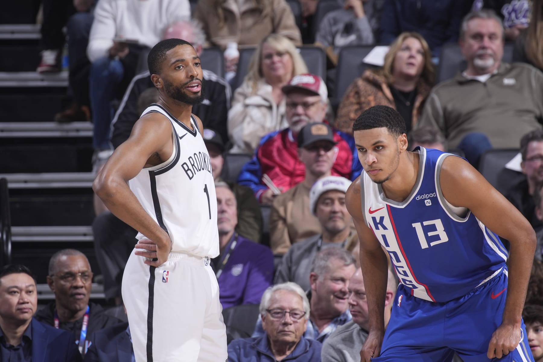 SACRAMENTO, CA - DECEMBER 11: Mikal Bridges #1 of the Brooklyn Nets and Keegan Murray #13 of the Sacramento Kings look on during the game on December 11, 2023 at Golden 1 Center in Sacramento, California. NOTE TO USER: User expressly acknowledges and agrees that, by downloading and or using this photograph, User is consenting to the terms and conditions of the Getty Images Agreement. Mandatory Copyright Notice: Copyright 2023 NBAE (Photo by Rocky Widner/NBAE via Getty Images)