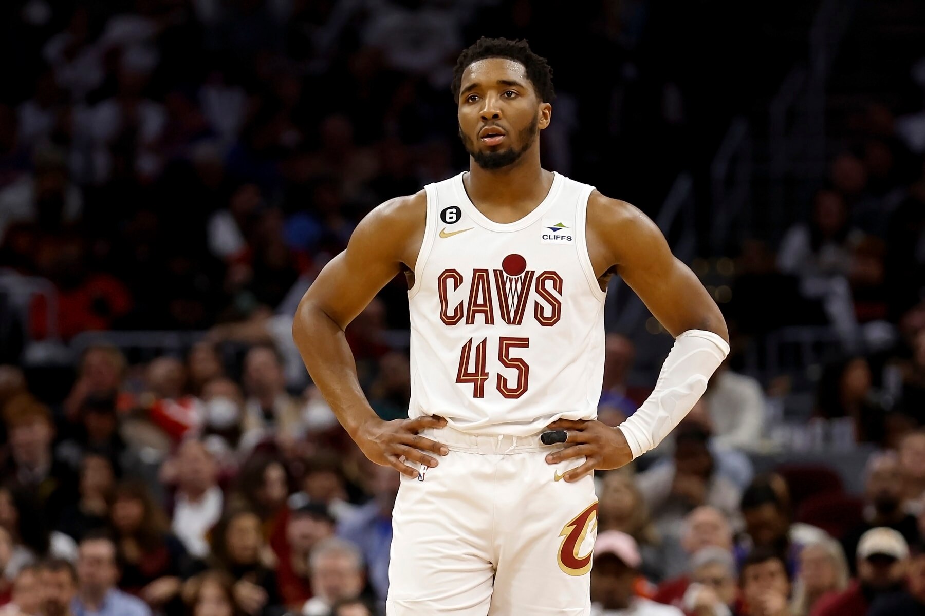CLEVELAND, OH - APRIL 26:  Donovan Mitchell #45 of the Cleveland Cavaliers stands on the court during the fourth quarter of Game Five of the Eastern Conference First Round Playoffs against the New York Knicks at Rocket Mortgage Fieldhouse on April 26, 2023 in Cleveland, Ohio. New York defeated Cleveland 106-95 to win the series 4-1. NOTE TO USER: User expressly acknowledges and agrees that, by downloading and or using this photograph, User is consenting to the terms and conditions of the Getty Images License Agreement. (Photo by Kirk Irwin/Getty Images)