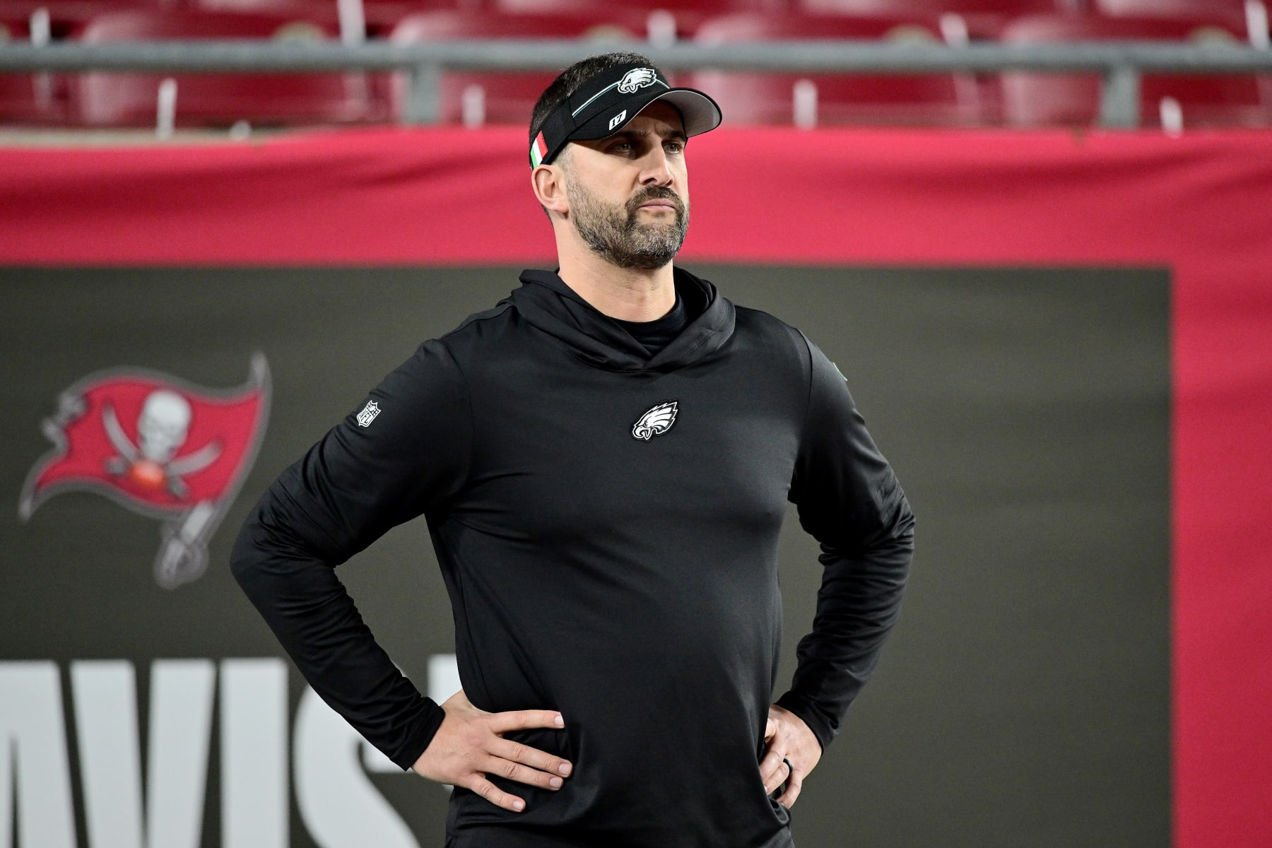 TAMPA, FLORIDA - JANUARY 15: Head coach Nick Sirianni of the Philadelphia Eagles looks on prior to the NFC Wild Card Playoffs against the Tampa Bay Buccaneers at Raymond James Stadium on January 15, 2024 in Tampa, Florida. (Photo by Julio Aguilar/Getty Images)