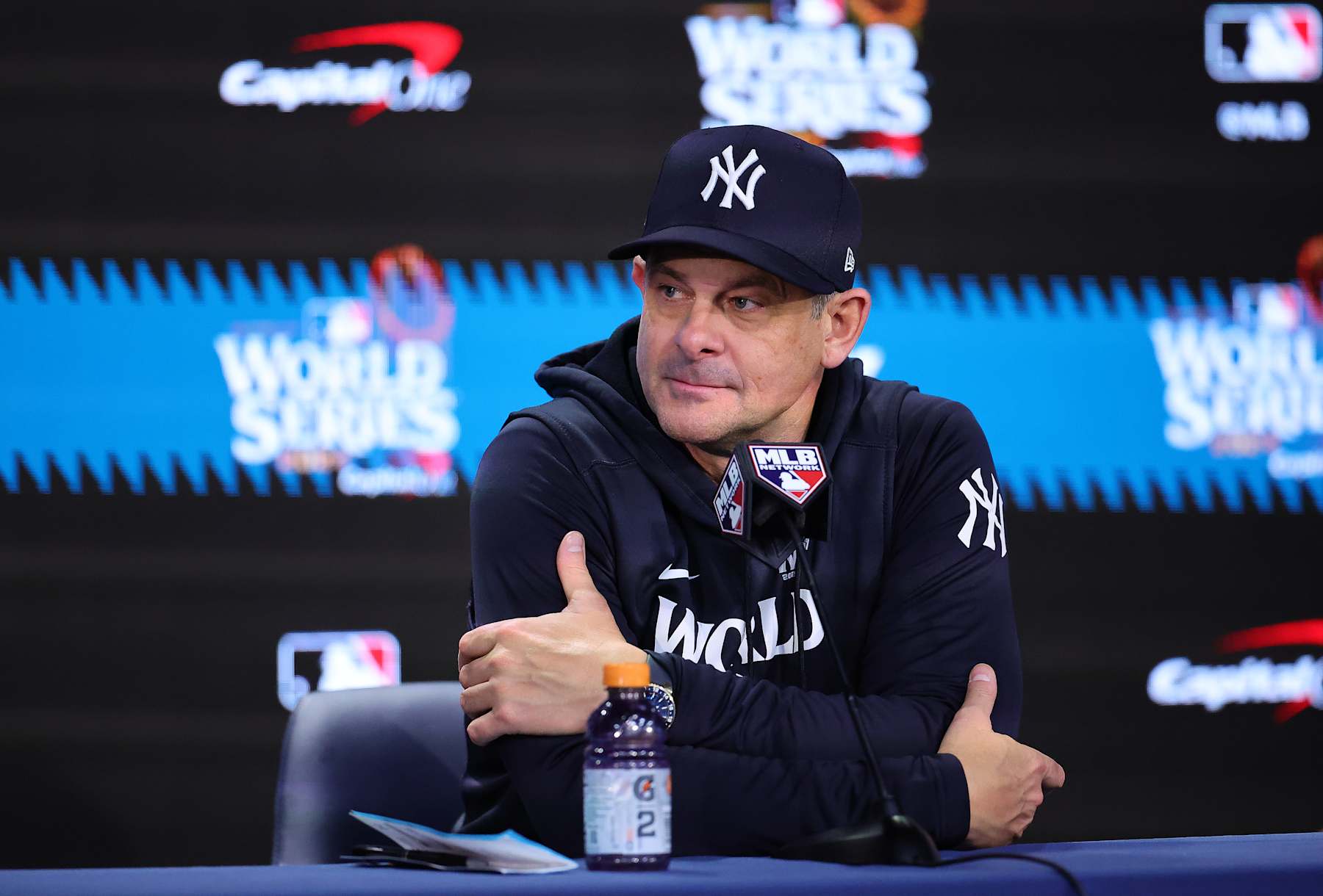 NEW YORK, NEW YORK - OCTOBER 30:  Manager Aaron Boone #17 of the New York Yankees talks to the media after the Los Angeles Dodgers defeated the New York Yankees 7-6 in game 5 to win the 2024 World Series at Yankee Stadium on October 30, 2024 in the Bronx borough of New York City. (Photo by Alex Slitz/Getty Images)