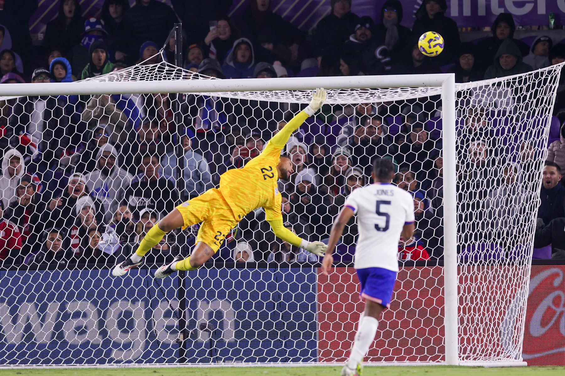 ORLANDO, FLORIDA - JANUARY 22: Zack Steffen #22 of the United States dives for a ball during the first half against Costa Rica during an international friendly at Inter&Co Stadium on January 22, 2025 in Orlando, Florida.  (Photo by John Dorton/ISI Photos/USSF/Getty Images for USSF)