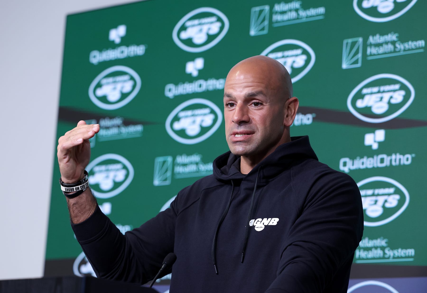 FLORHAM PARK, NEW JERSEY - MAY 23: Head coach Robert Saleh of the New York Jets speaks to the media during a press conference before an offseason workout session at Atlantic Health Jets Training Center on May 23, 2023 in Florham Park, New Jersey. (Photo by Elsa/Getty Images)