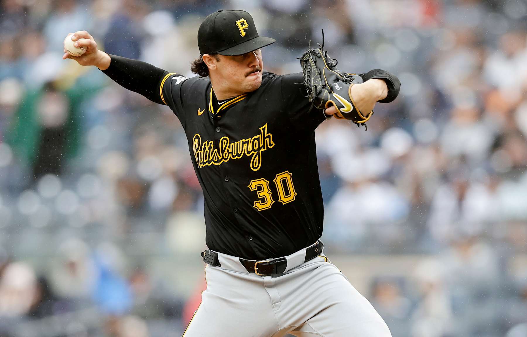 NEW YORK, NEW YORK - SEPTEMBER 28: (NEW YORK DAILIES OUT)  Paul Skenes #30 of the Pittsburgh Pirates in action against the New York Yankees at Yankee Stadium on September 28, 2024 in New York City. The Pirates defeated the Yankees 9-4. (Photo by Jim McIsaac/Getty Images)