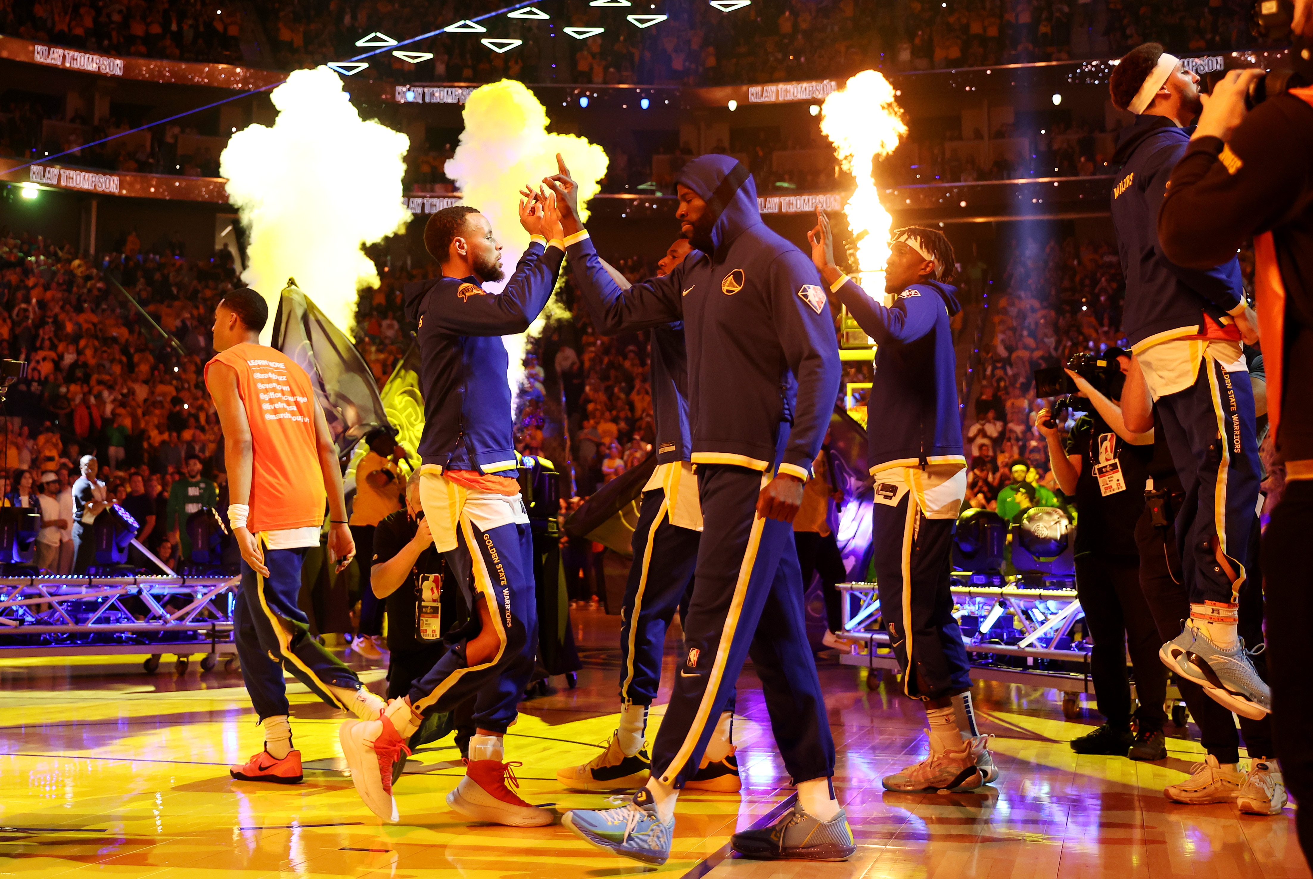 SAN FRANCISCO, CALIFORNIA - JUNE 05: Stephen Curry #30 and Draymond Green #23 of the Golden State Warriors high five prior to playing the Boston Celtics in Game Two of the 2022 NBA Finals at Chase Center on June 05, 2022 in San Francisco, California. NOTE TO USER: User expressly acknowledges and agrees that, by downloading and/or using this photograph, User is consenting to the terms and conditions of the Getty Images License Agreement. (Photo by Ezra Shaw/Getty Images)