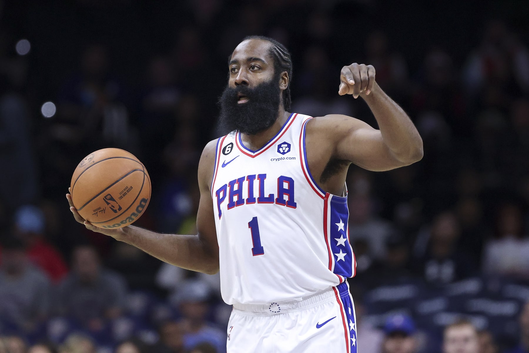 PHILADELPHIA, PENNSYLVANIA - OCTOBER 12: James Harden #1 of the Philadelphia 76ers reacts during the first quarter against the Charlotte Hornets at Wells Fargo Center on October 12, 2022 in Philadelphia, Pennsylvania. NOTE TO USER: User expressly acknowledges and agrees that, by downloading and or using this photograph, User is consenting to the terms and conditions of the Getty Images License Agreement. (Photo by Tim Nwachukwu/Getty Images)
