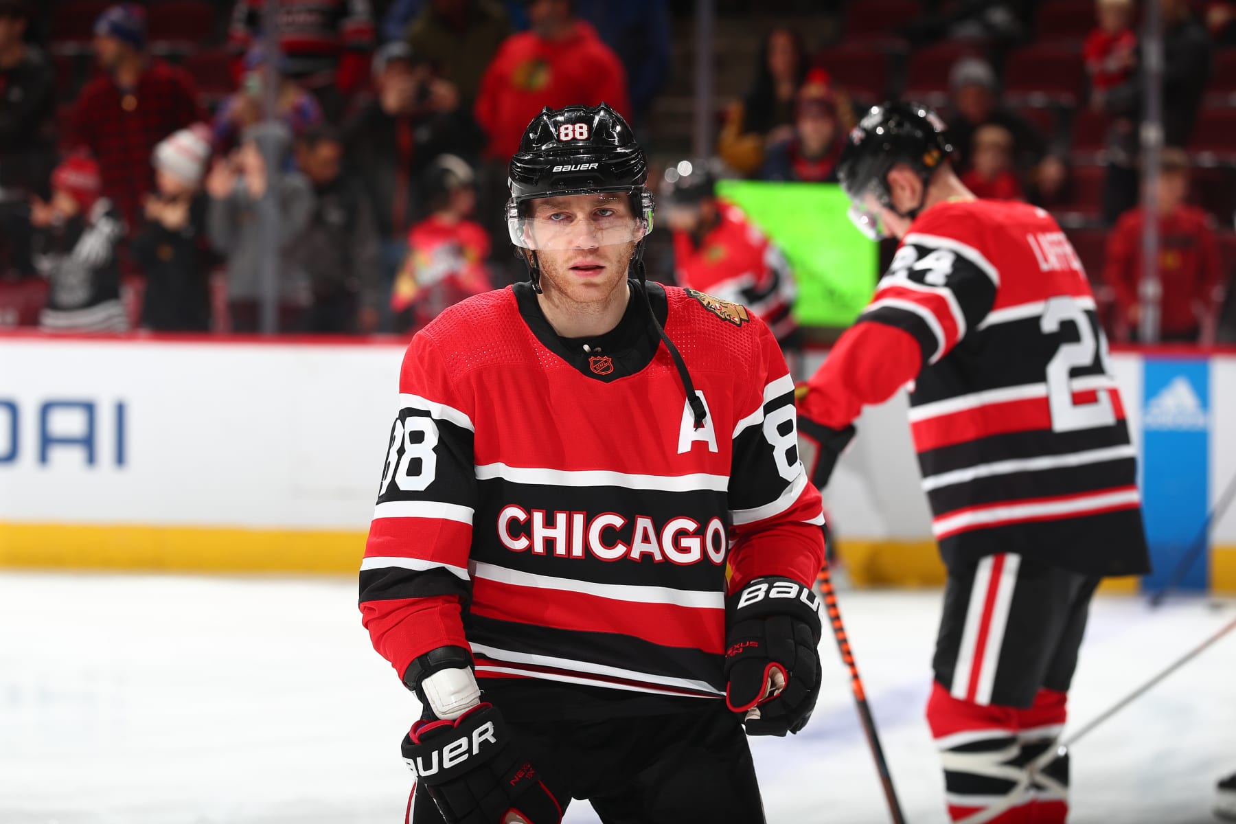 CHICAGO, ILLINOIS - DECEMBER 18: Patrick Kane #88 of the Chicago Blackhawks warms up prior to the game against the New York Rangers at United Center on December 18, 2022 in Chicago, Illinois. (Photo by Chase Agnello-Dean/NHLI via Getty Images)