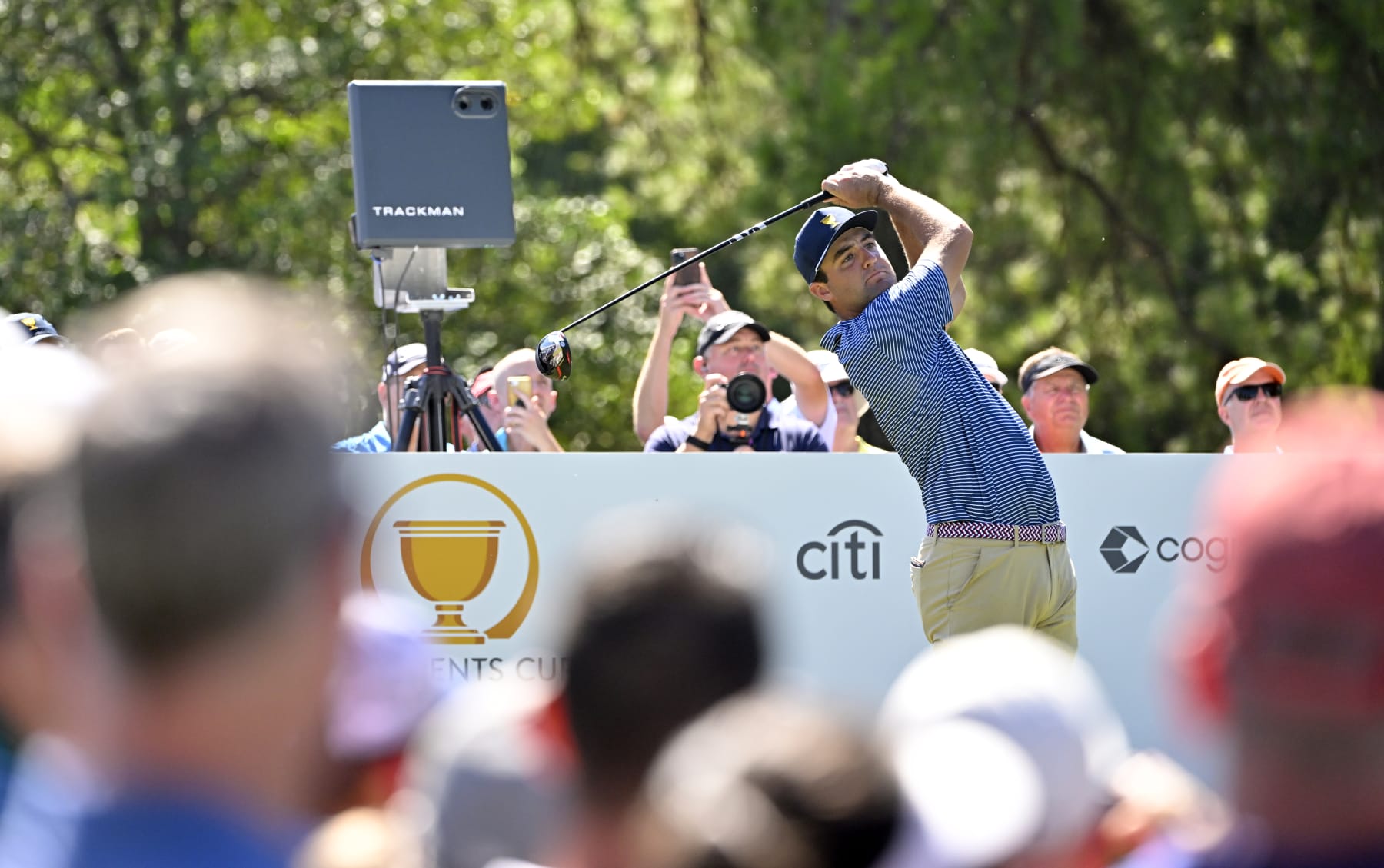 CHARLOTTE, NORTH CAROLINA - SEPTEMBER 21:  Scottie Scheffler of Team United States plays his shot from the third tee during a practice round prior to Presidents Cup at Quail Hollow September 21, 2022, in Charlotte, North Carolina. (Photo by Ben Jared/PGA TOUR via Getty Images)