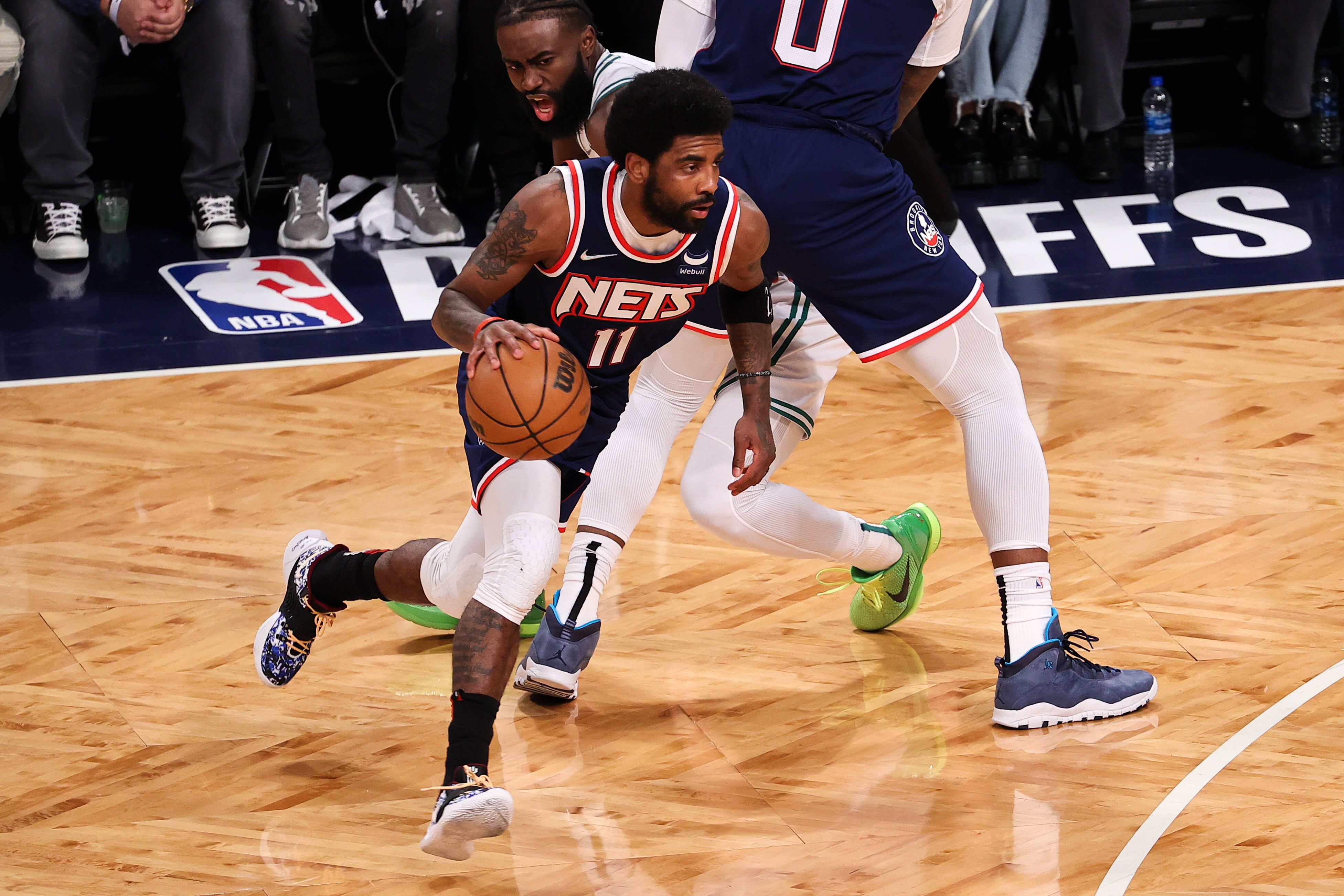 NEW YORK, NY - APRIL 25: Kyrie Irving of Brooklyn Nets and Jaylen Brown  of Boston Celtics in action during NBA playoffs between Brooklyn Nets and Boston Celtics at the Barclays Center in Brooklyn of New York City, United States on April 25, 2022. (Photo by Tayfun Coskun/Anadolu Agency via Getty Images)