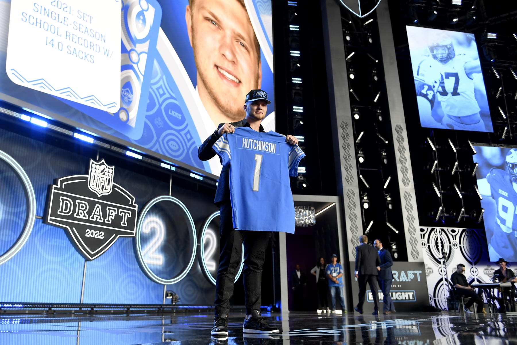 LAS VEGAS, NEVADA - APRIL 28: Aidan Hutchinson poses onstage after being selected second by the Detroit Lions during round one of the 2022 NFL Draft on April 28, 2022 in Las Vegas, Nevada. (Photo by David Becker/Getty Images)