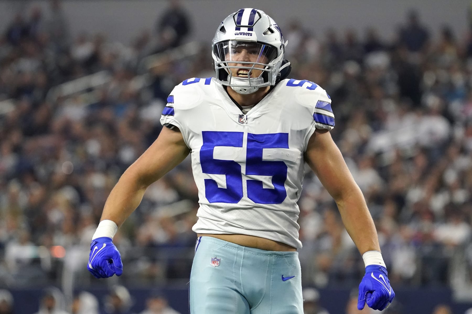 ARLINGTON, TEXAS - DECEMBER 11: Leighton Vander Esch #55 of the Dallas Cowboys celebrates after a third down stop in the first half of a game against the Houston Texans at AT&T Stadium on December 11, 2022 in Arlington, Texas. (Photo by Sam Hodde/Getty Images)