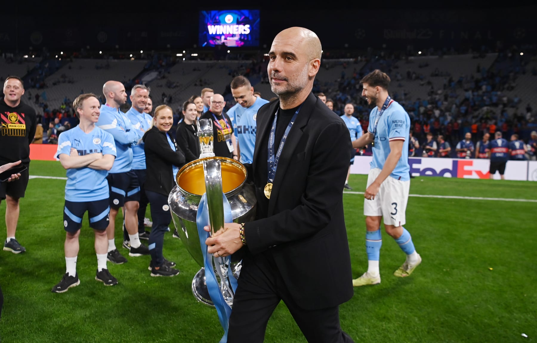 ISTANBUL, TURKEY - JUNE 10: Manchester City manager Pep Guardiola with the Champions League Trophy after winning the  UEFA Champions League 2022/23 final match between FC Internazionale and Manchester City FC at Atatuerk Olympic Stadium on June 10, 2023 in Istanbul, Turkey. (Photo by Michael Regan - UEFA/UEFA via Getty Images)