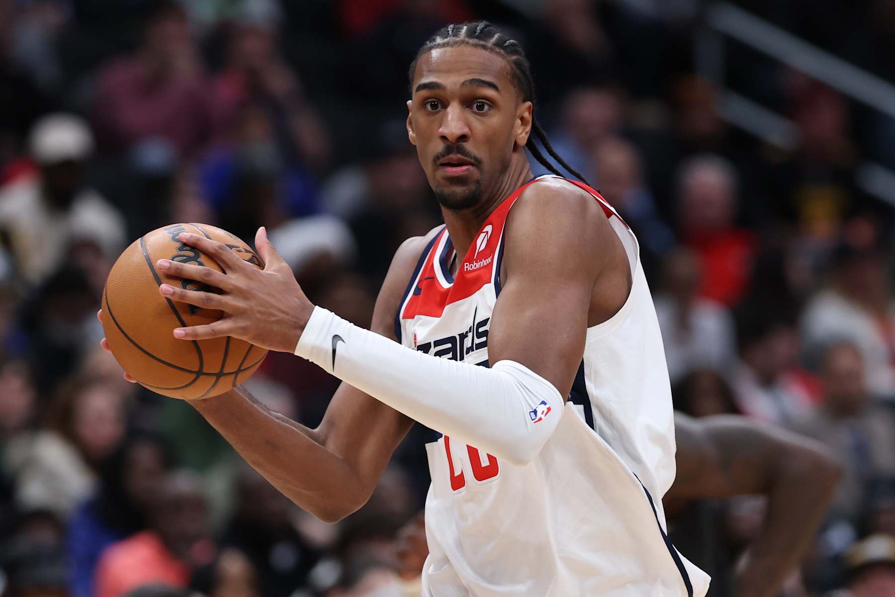 WASHINGTON, DC - JANUARY 13: Alexandre Sarr #20 of the Washington Wizards in action against the Minnesota Timberwolves during the second half at Capital One Arena on January 13, 2025 in Washington, DC. NOTE TO USER: User expressly acknowledges and agrees that, by downloading and or using this photograph, User is consenting to the terms and conditions of the Getty Images License Agreement. (Photo by Patrick Smith/Getty Images)