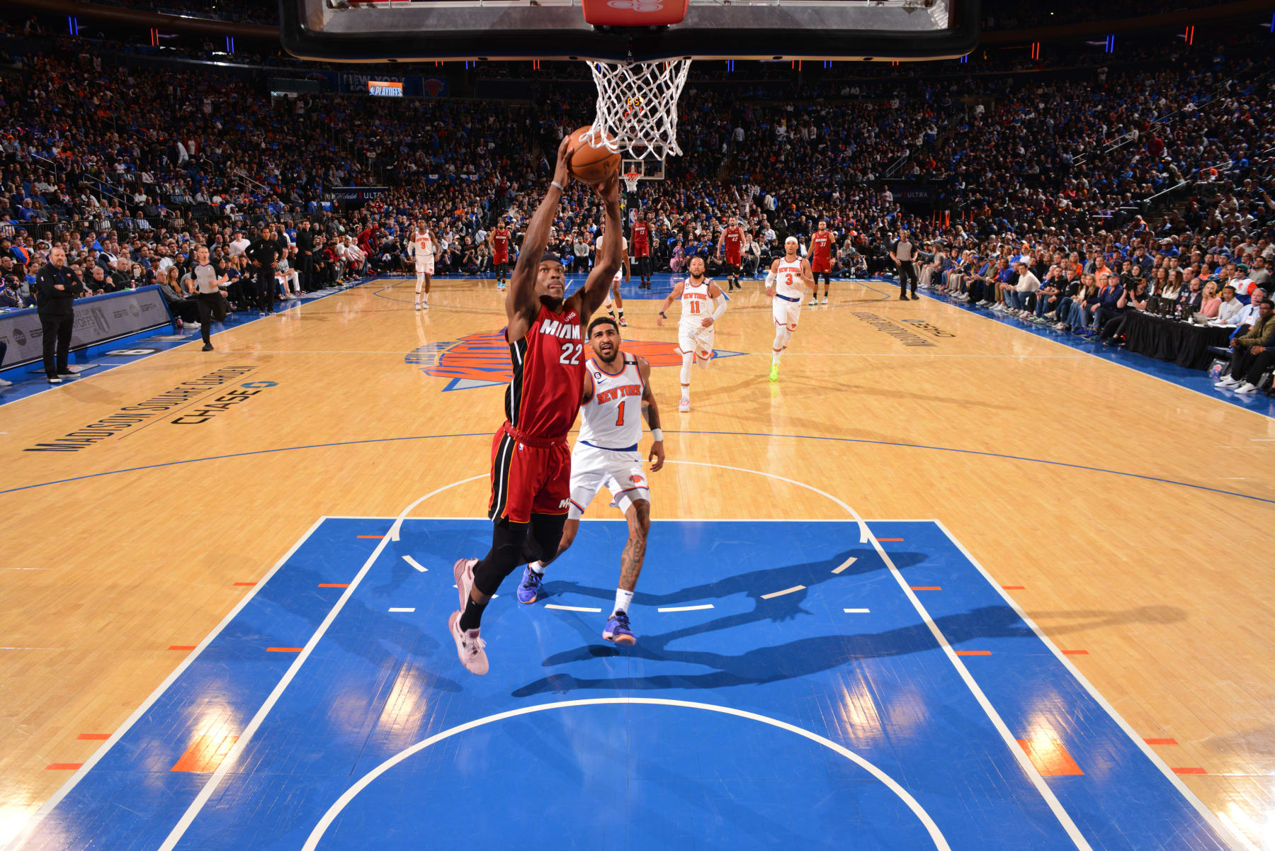 NEW YORK, NY - APRIL 30: Jimmy Butler #22 of the Miami Heat drives to the basket during Game One of the Eastern Conference Semi-Finals of the 2023 NBA Playoffs against the New York Knicks on April 30, 2023 at Madison Square Garden in New York City, New York.  NOTE TO USER: User expressly acknowledges and agrees that, by downloading and or using this photograph, User is consenting to the terms and conditions of the Getty Images License Agreement. Mandatory Copyright Notice: Copyright 2023 NBAE  (Photo by Jesse D. Garrabrant/NBAE via Getty Images)