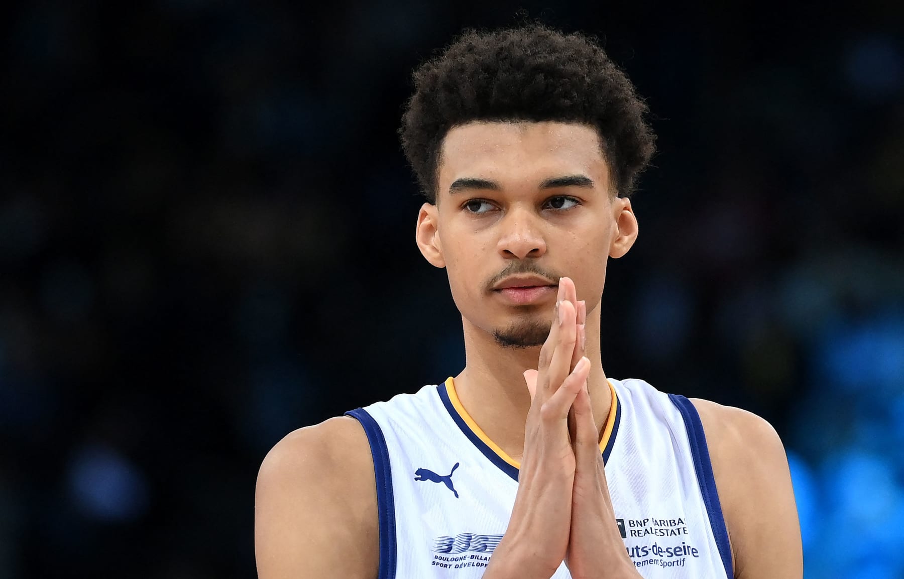 Metropolitan 92's French power forward Victor Wembanyama reacts during the French Elite basketball match between Boulogne-Levallois Metropolitans 92 and Bourg-en-Bresse at The AccorHotels Arena in Paris on May 7, 2023. (Photo by FRANCK FIFE / AFP) (Photo by FRANCK FIFE/AFP via Getty Images)