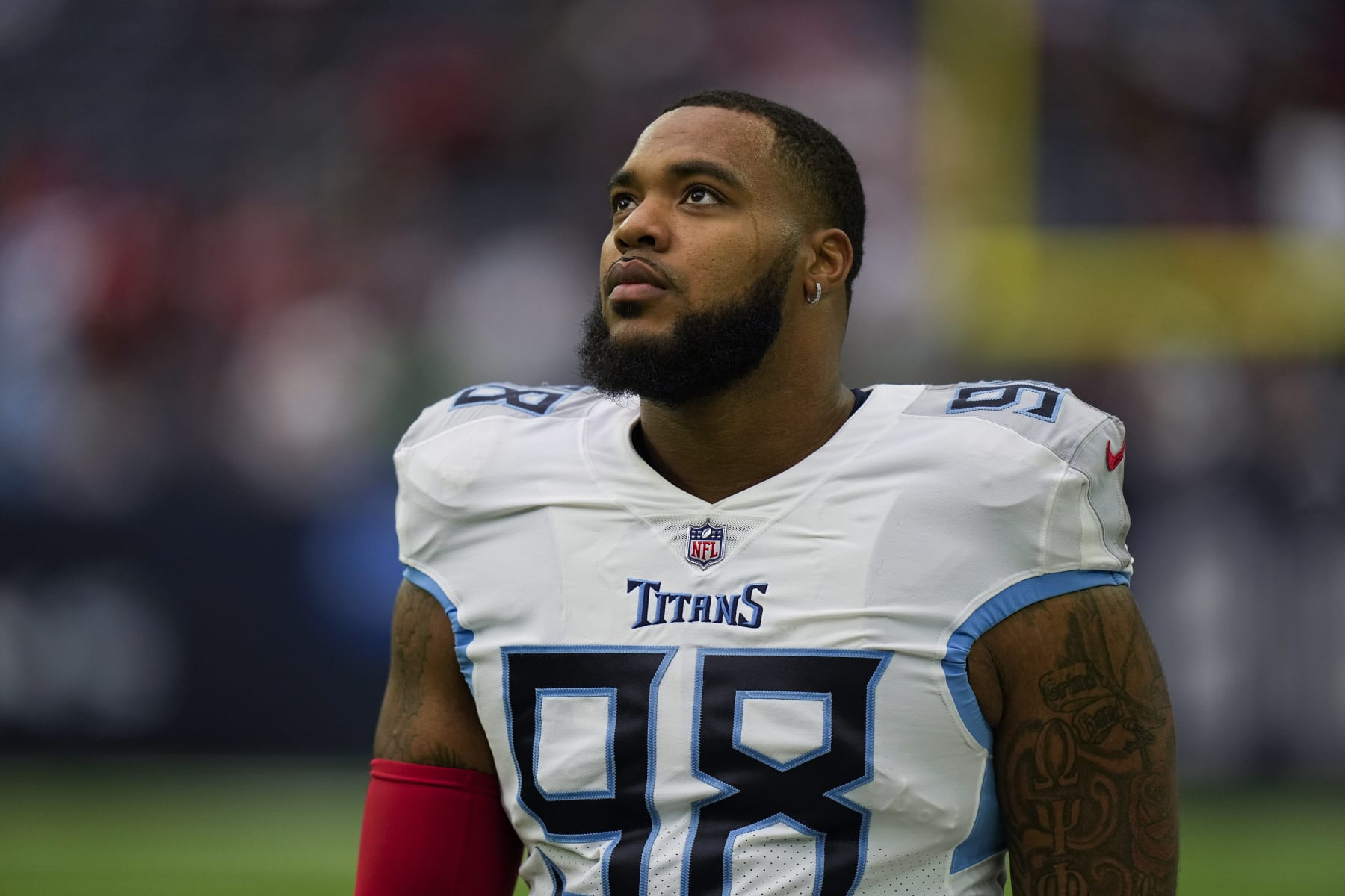 Tennessee Titans defensive tackle Jeffery Simmons stands on the field before an NFL football game against the Houston Texans Sunday, Oct. 30, 2022, in Houston. (AP Photo/Eric Gay)