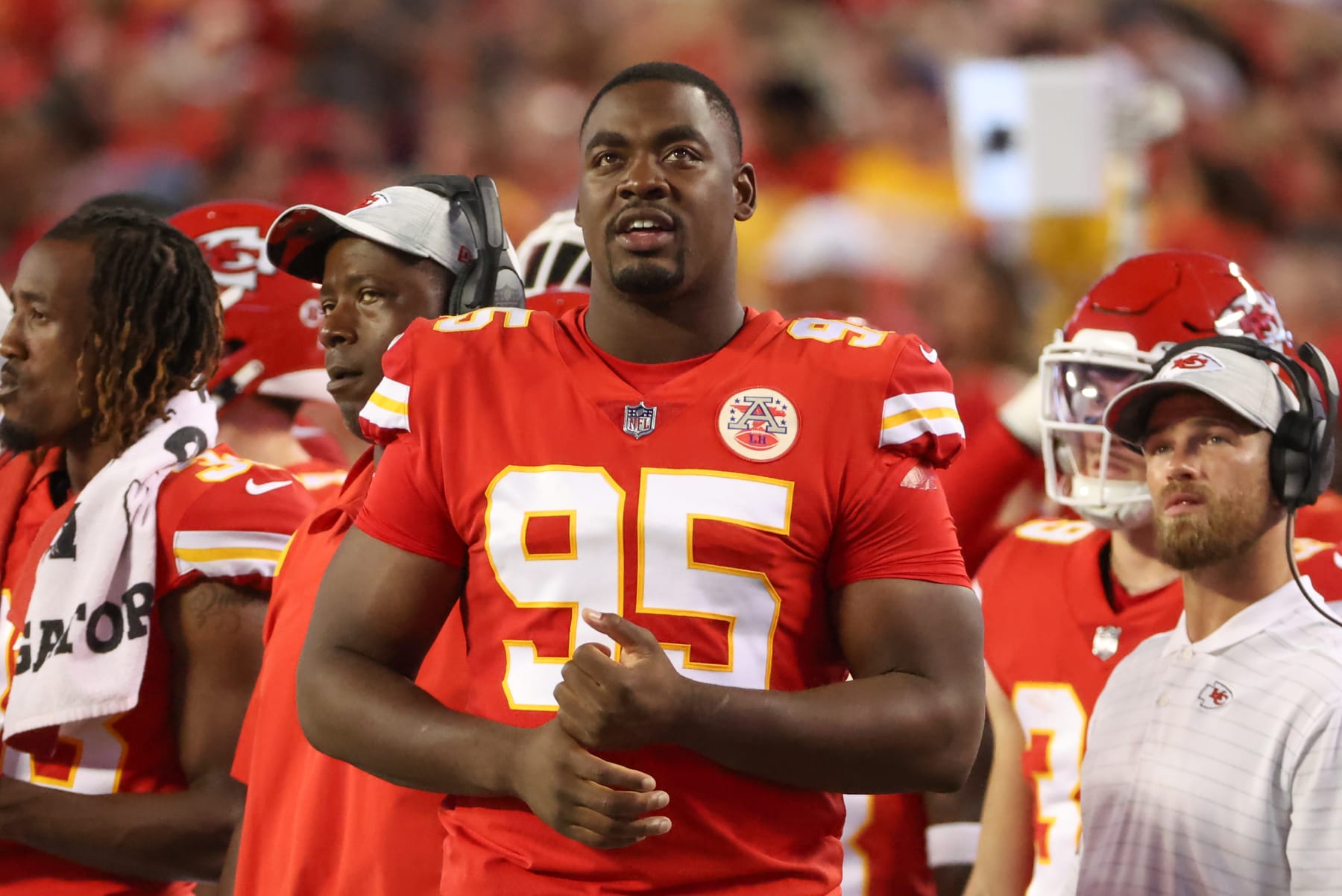 KANSAS CITY, MO - AUGUST 25: Kansas City Chiefs defensive tackle Chris Jones (95) on the sidelines in the second quarter of an NFL preseason game between the Green Bay Packers and Kansas City Chiefs on August 25, 2022 at GEHA Field at Arrowhead Stadium in Kansas City, MO. (Photo by Scott Winters/Icon Sportswire via Getty Images)