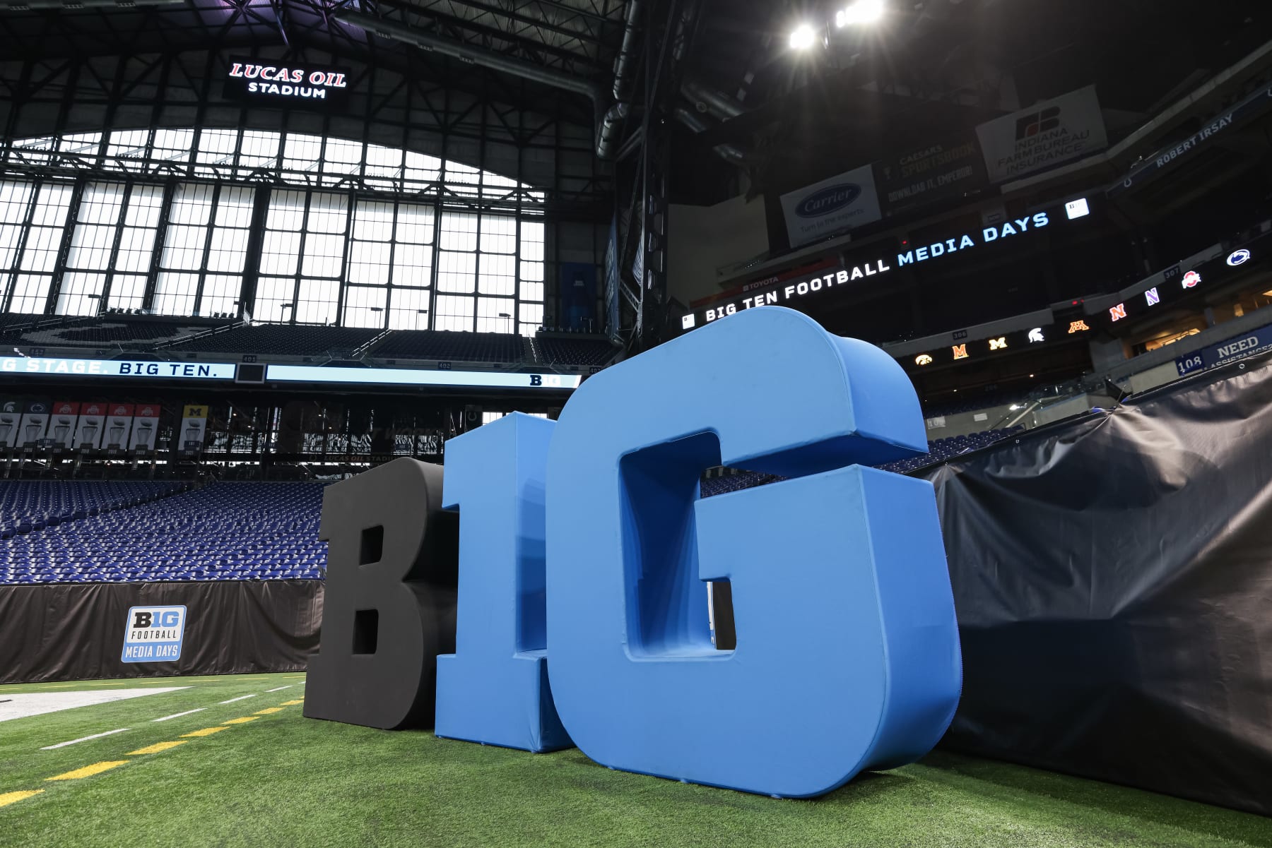 INDIANAPOLIS, IN - JULY 26: General view of the Big Ten Conference logo seen on the field during the 2022 Big Ten Conference Football Media Days at Lucas Oil Stadium on July 26, 2022 in Indianapolis, Indiana. (Photo by Michael Hickey/Getty Images)