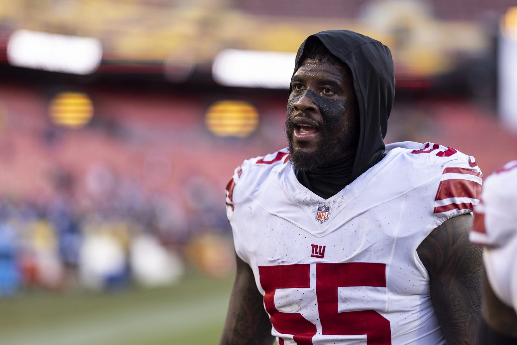 LANDOVER, MARYLAND - NOVEMBER 19: Jihad Ward #55 of the New York Giants looks on as he walks off the field following an NFL football game between the Washington Commanders and the New York Giants at FedExField on November 19, 2023 in Landover, Maryland. (Photo by Michael Owens/Getty Images)