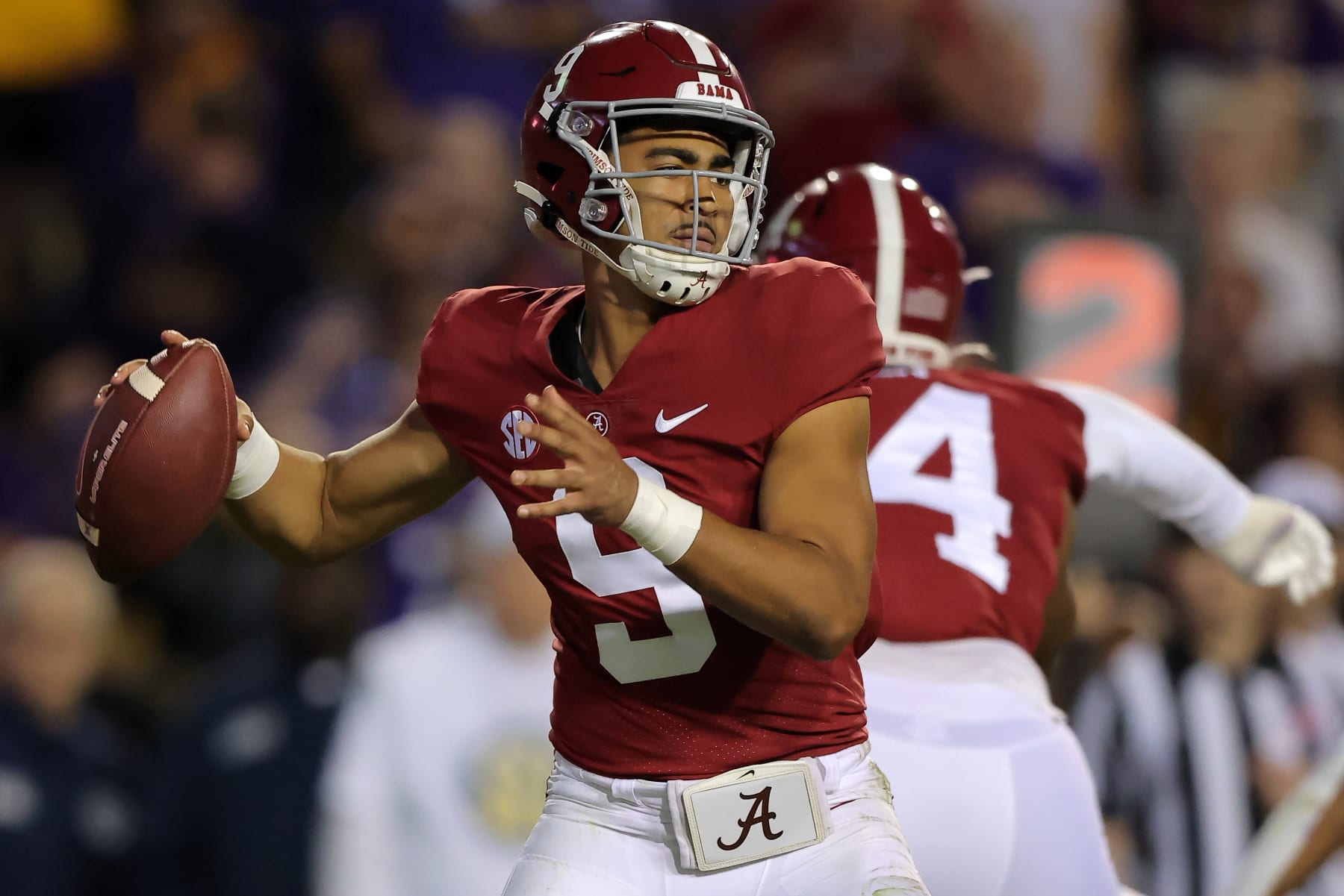 BATON ROUGE, LOUISIANA - NOVEMBER 05: Bryce Young #9 of the Alabama Crimson Tide throws the ball during the first half against the LSU Tigers at Tiger Stadium on November 05, 2022 in Baton Rouge, Louisiana. (Photo by Jonathan Bachman/Getty Images)