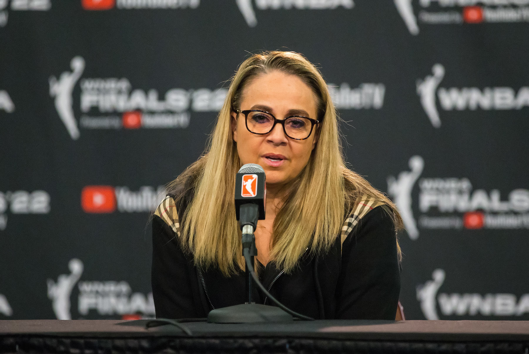 UNCASVILLE, CT - SEPTEMBER 15: Las Vegas Aces head coach Becky Hammon speaks with the media prior to game 3 of the WNBA Finals between Las Vegas Aces and Connecticut Sun on September 15, 2022, at Mohegan Sun Arena in Uncasville, CT. (Photo by M. Anthony Nesmith/Icon Sportswire via Getty Images)